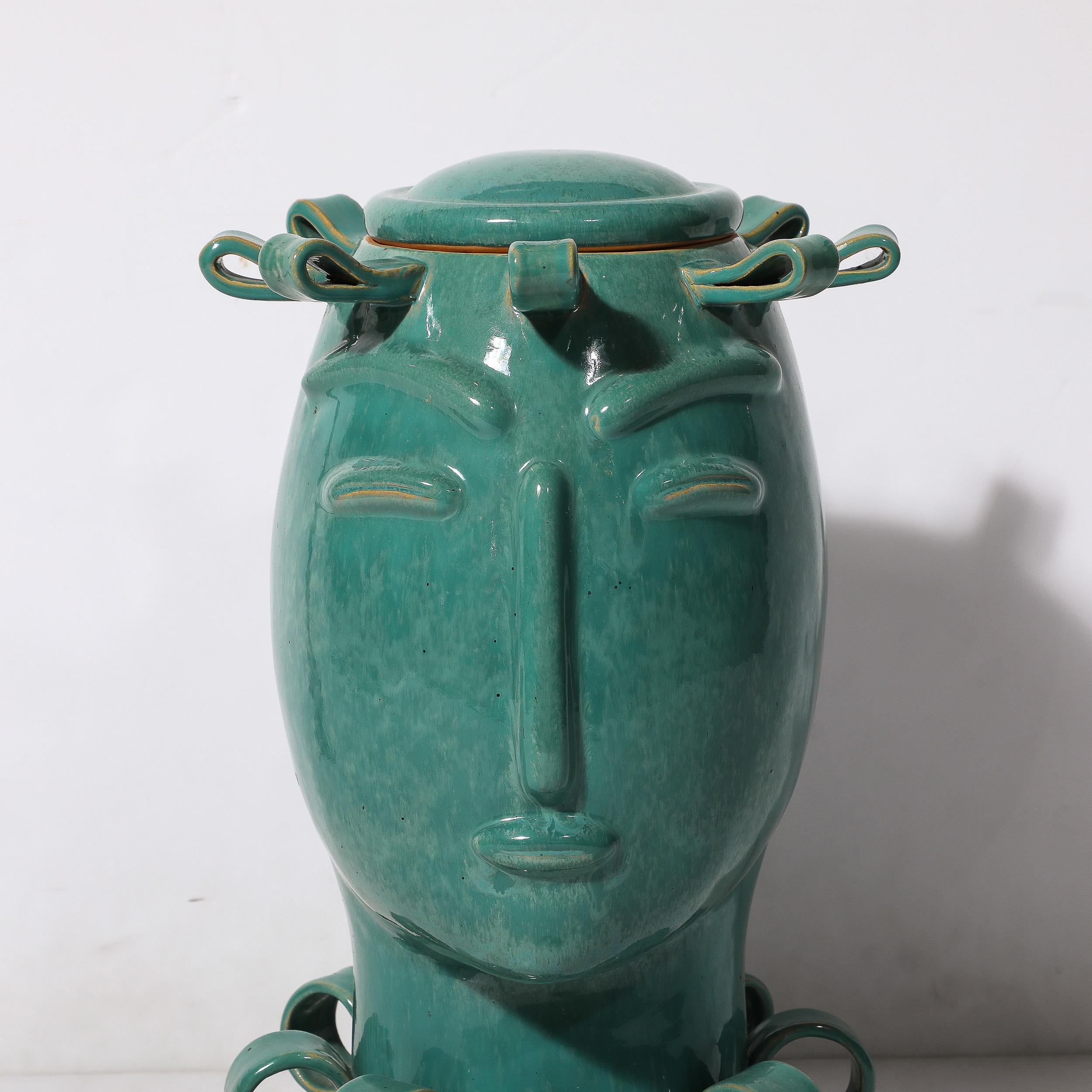 Glazed Art Deco Sculptural Ceramic Vase of Head in Turquoise Jade with Ribbon Detailing For Sale