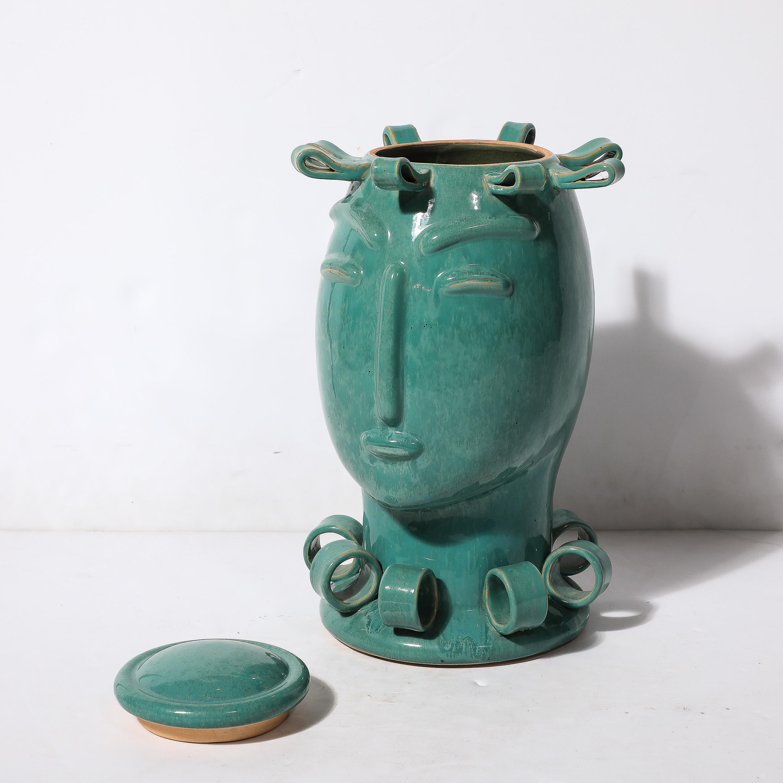 Mid-20th Century Art Deco Sculptural Ceramic Vase of Head in Turquoise Jade with Ribbon Detailing For Sale