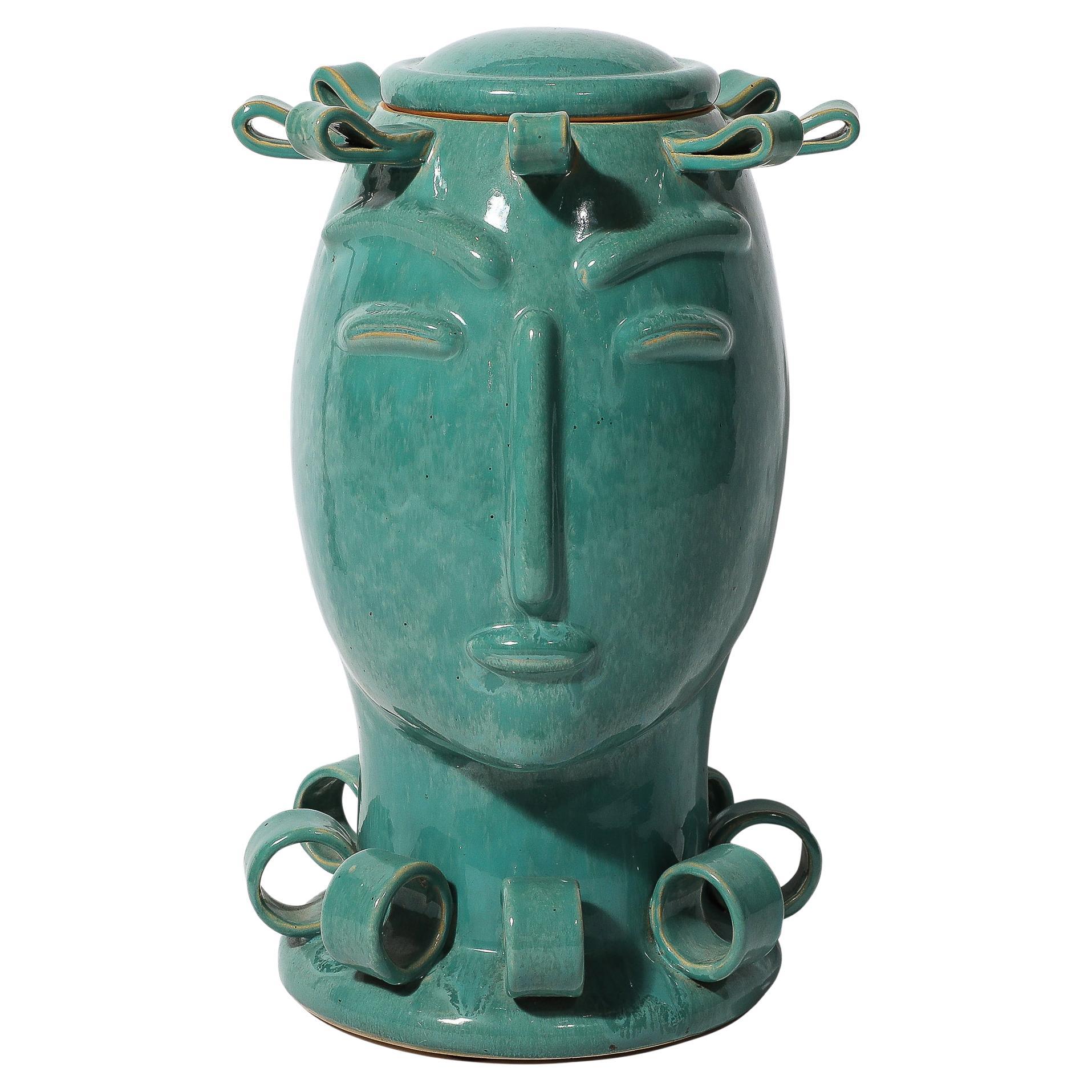 Art Deco Sculptural Ceramic Vase of Head in Turquoise Jade with Ribbon Detailing For Sale