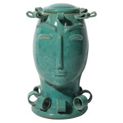 Antique Art Deco Sculptural Ceramic Vase of Head in Turquoise Jade with Ribbon Detailing