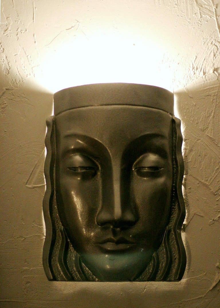 Art Deco Sculptural Female Face Wall Sconce Rare, Pair 1