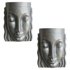 Art Deco Sculptural Female Face Wall Sconce Rare, Pair