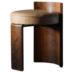 Art Deco Sculptural Flamed Birch & Leather Stool, 1920s
