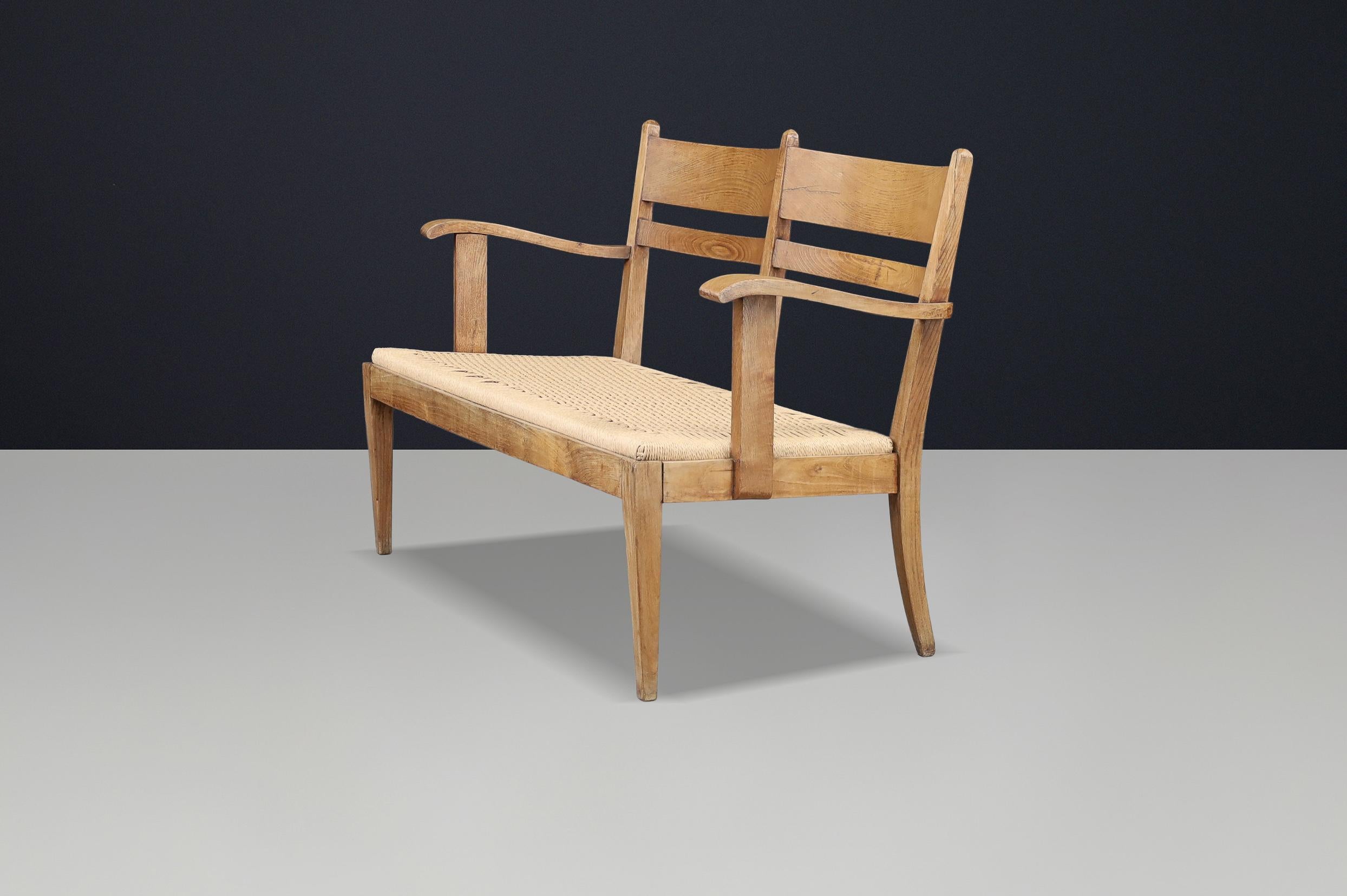 Panchina scultorea francese Art Deco in Oak con seduta in corda, Francia, anni '30 in vendita 3