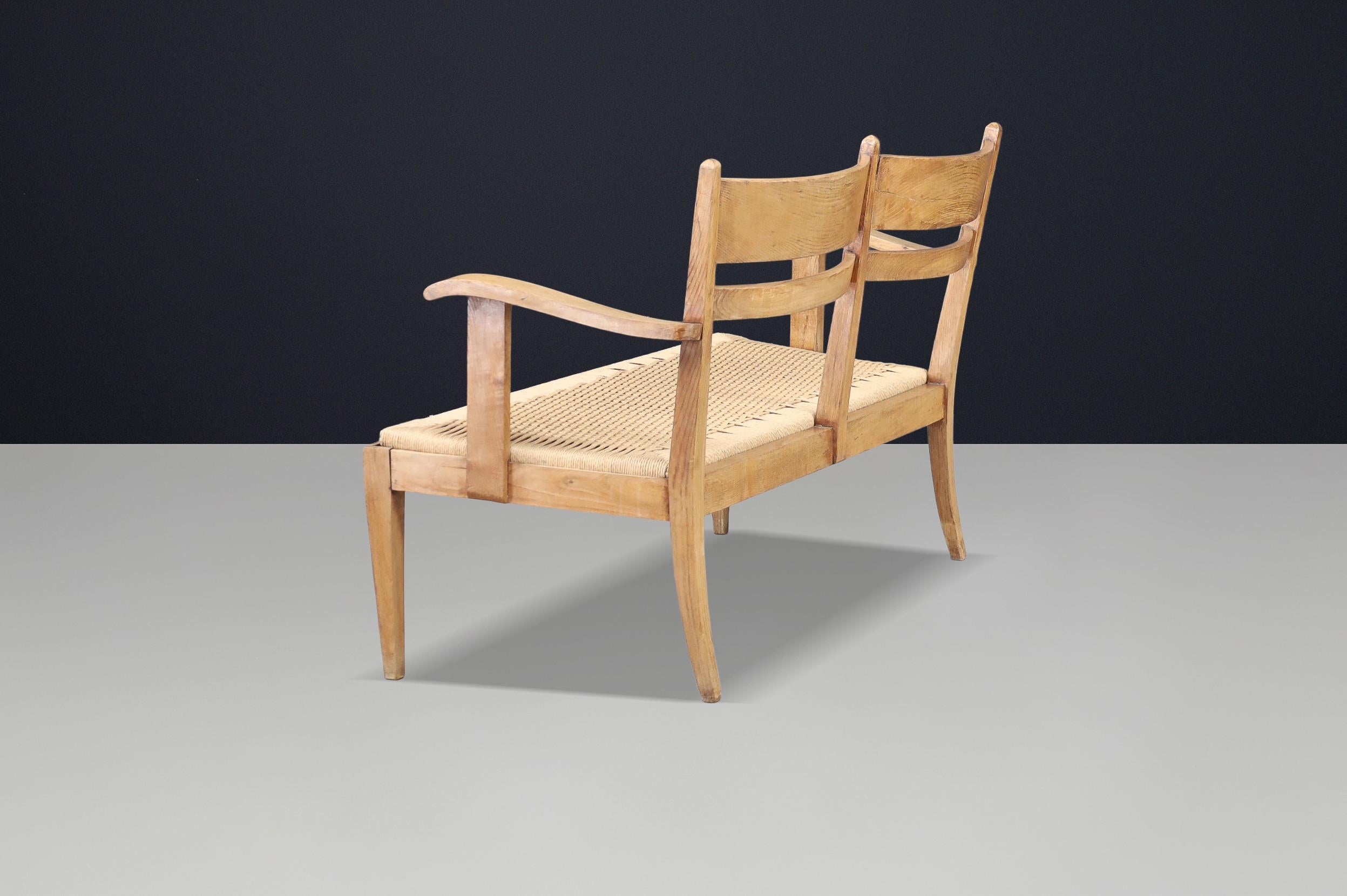 Panchina scultorea francese Art Deco in Oak con seduta in corda, Francia, anni '30 in vendita 2