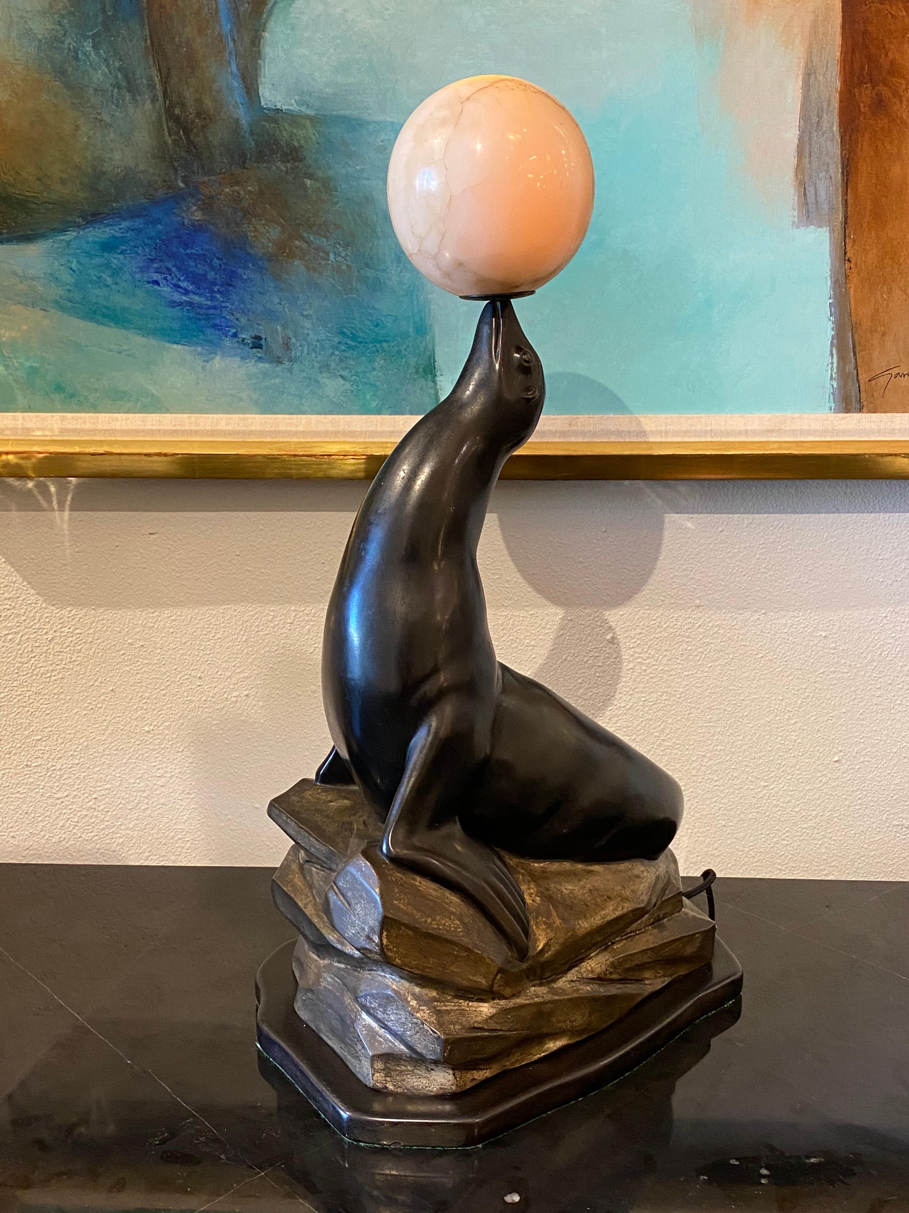 Art Deco Sculptural Lamp of Seal by Marcel A. Bouraine In Good Condition In Miami, FL