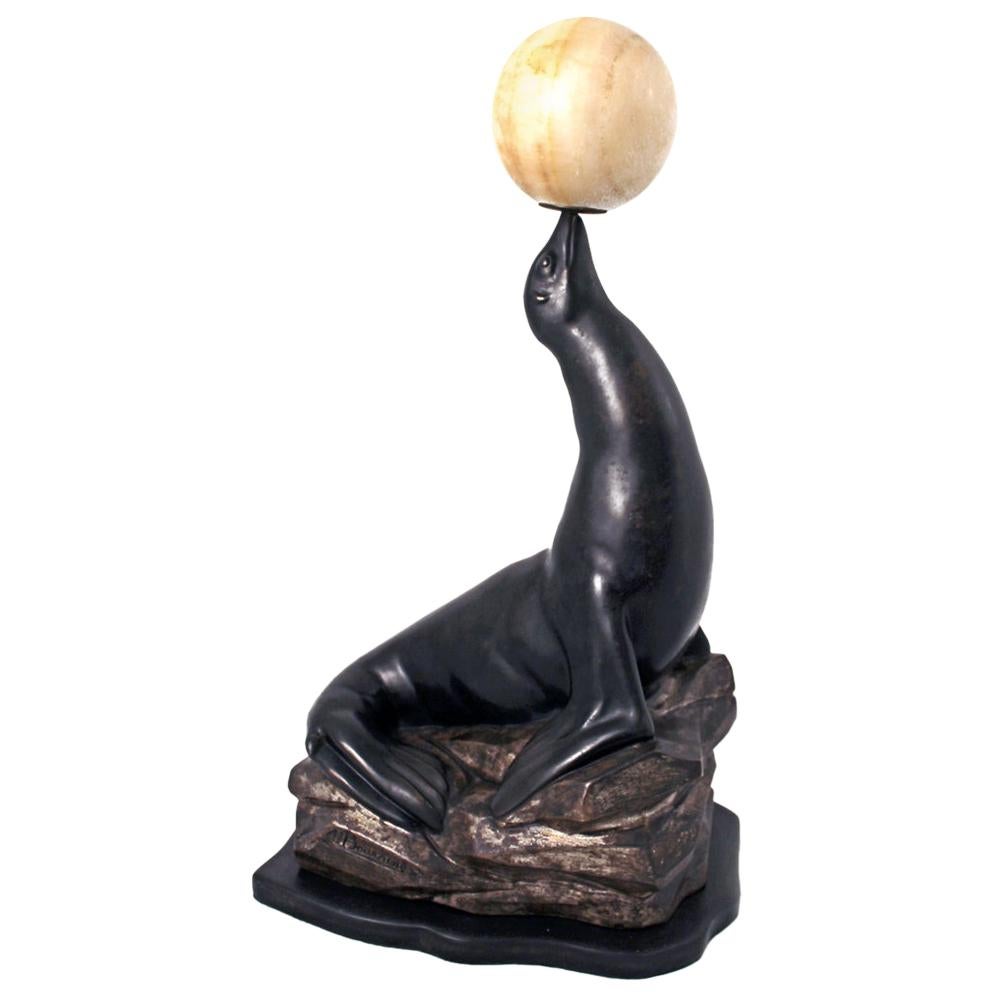 Art Deco Sculptural Lamp of Seal by Marcel A. Bouraine