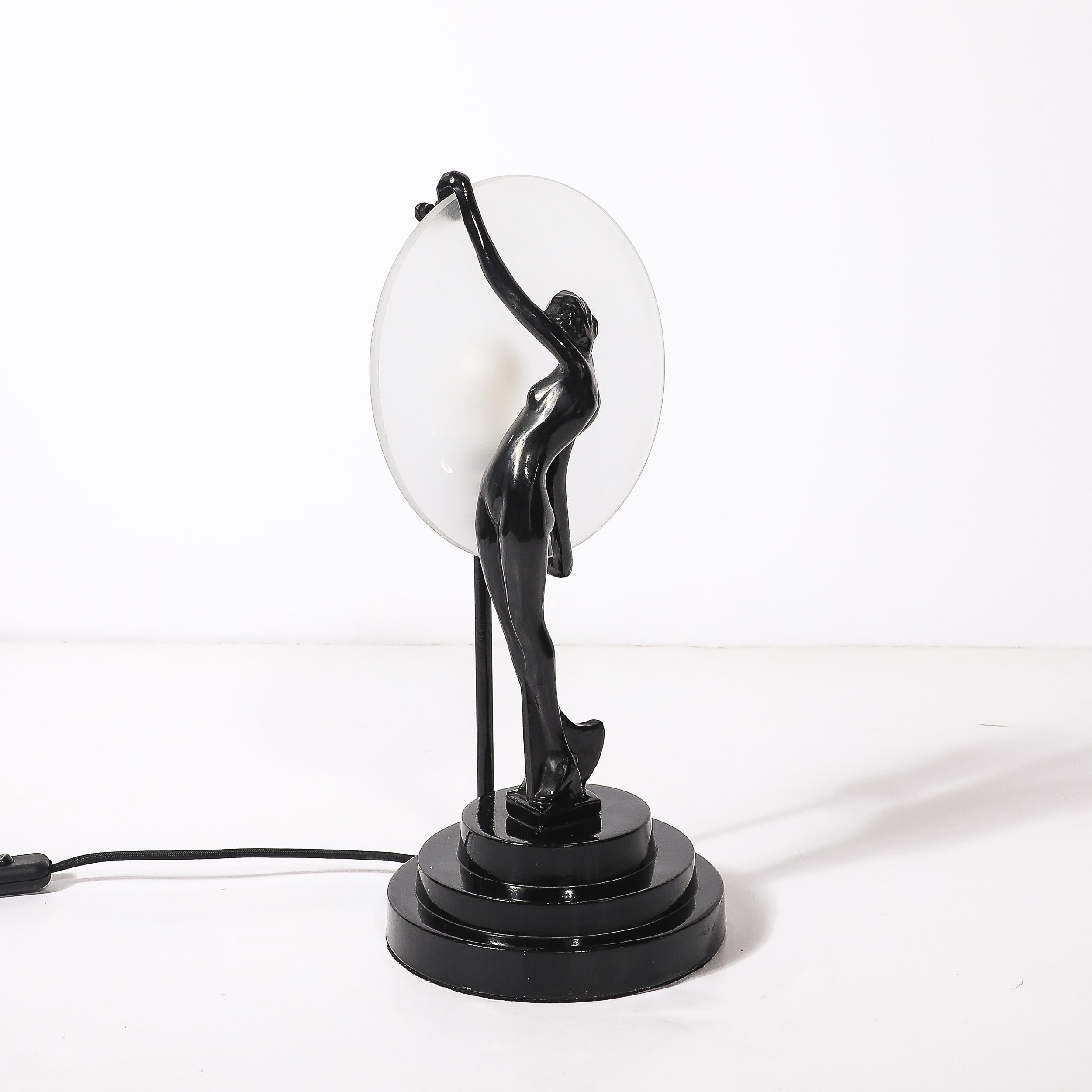 Art Deco Sculptural Nude Table Lamp in Black Enamel & Frosted Glass For Sale 5