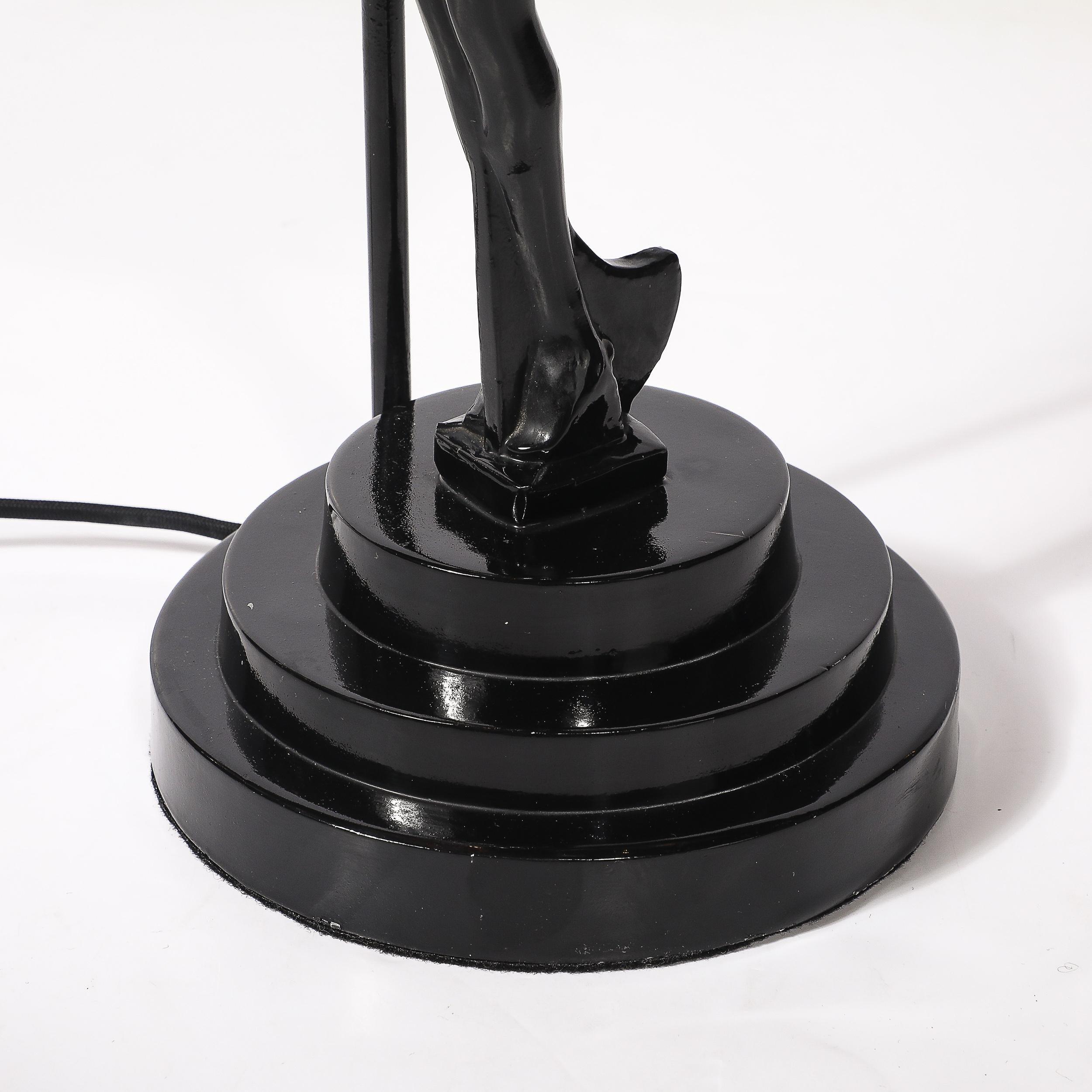Art Deco Sculptural Nude Table Lamp in Black Enamel & Frosted Glass For Sale 6