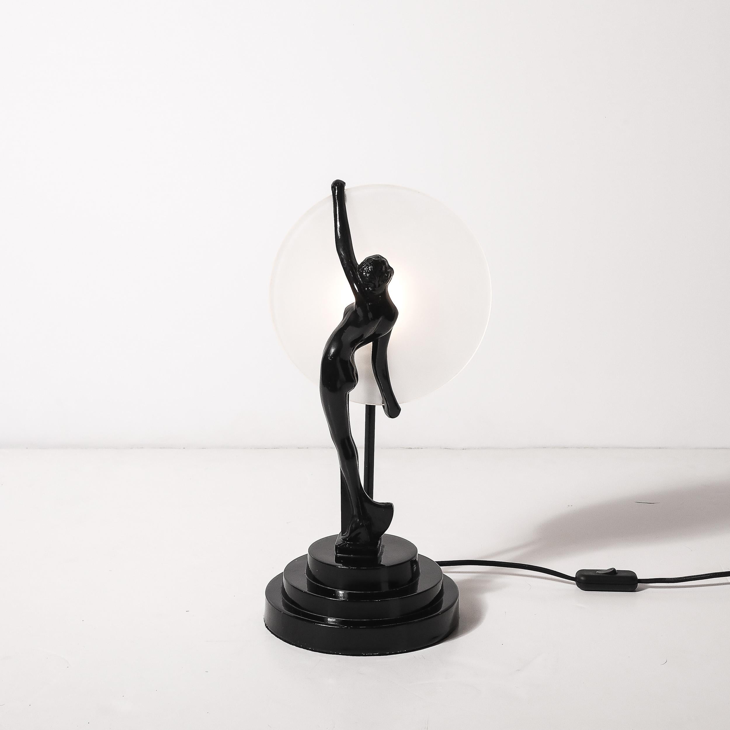 Art Deco Sculptural Nude Table Lamp in Black Enamel & Frosted Glass For Sale 7