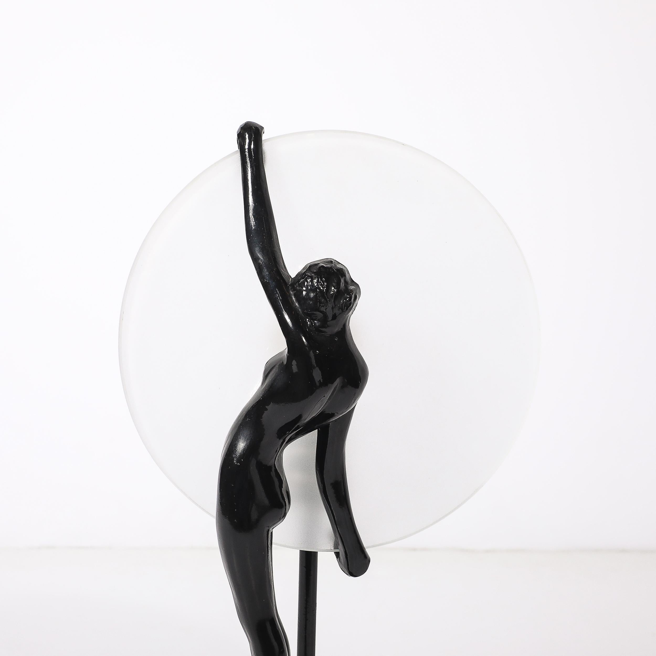 American Art Deco Sculptural Nude Table Lamp in Black Enamel & Frosted Glass For Sale