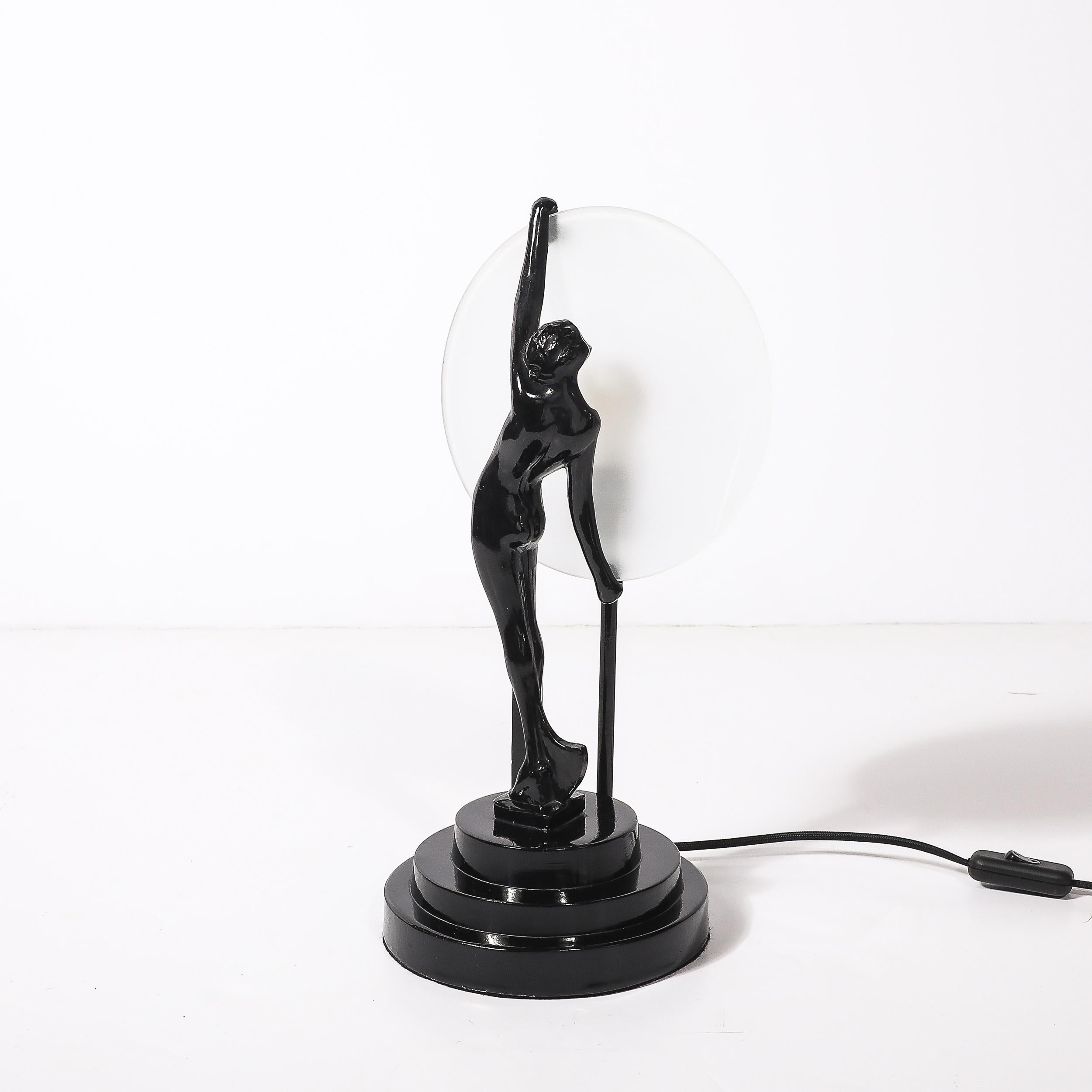 20th Century Art Deco Sculptural Nude Table Lamp in Black Enamel & Frosted Glass For Sale