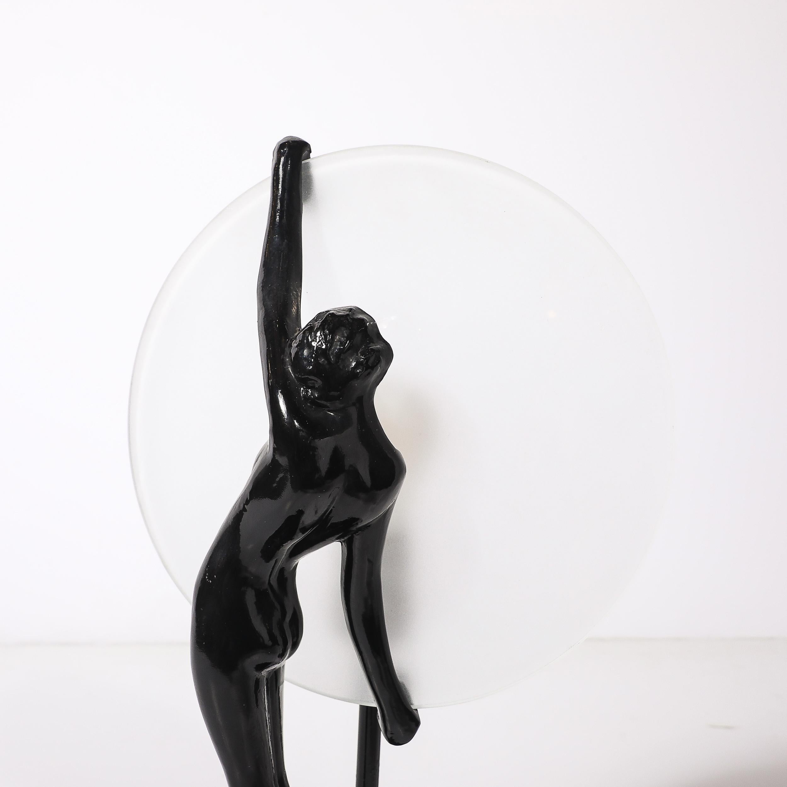 Art Deco Sculptural Nude Table Lamp in Black Enamel & Frosted Glass For Sale 1