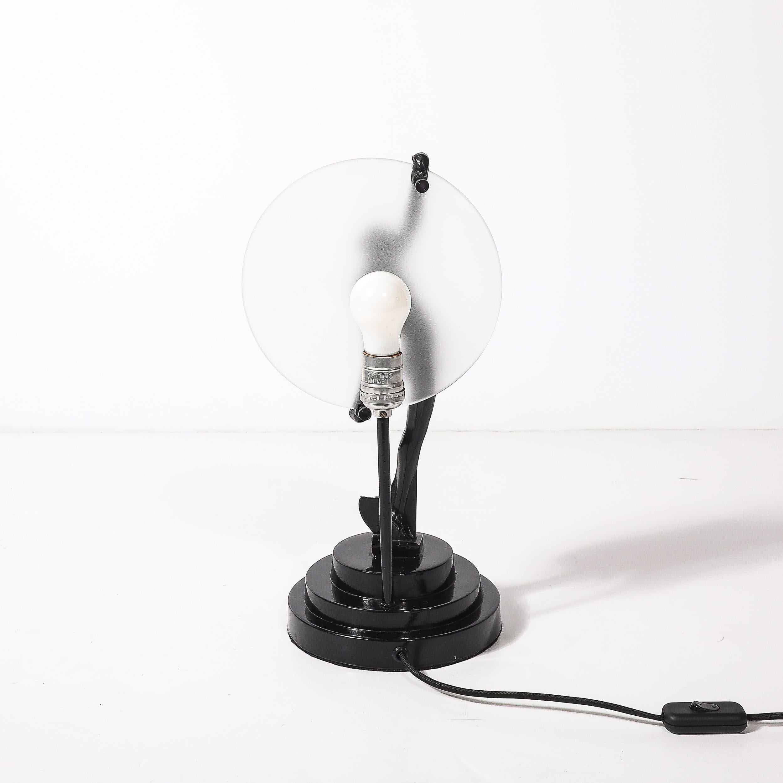 Art Deco Sculptural Nude Table Lamp in Black Enamel & Frosted Glass For Sale 3