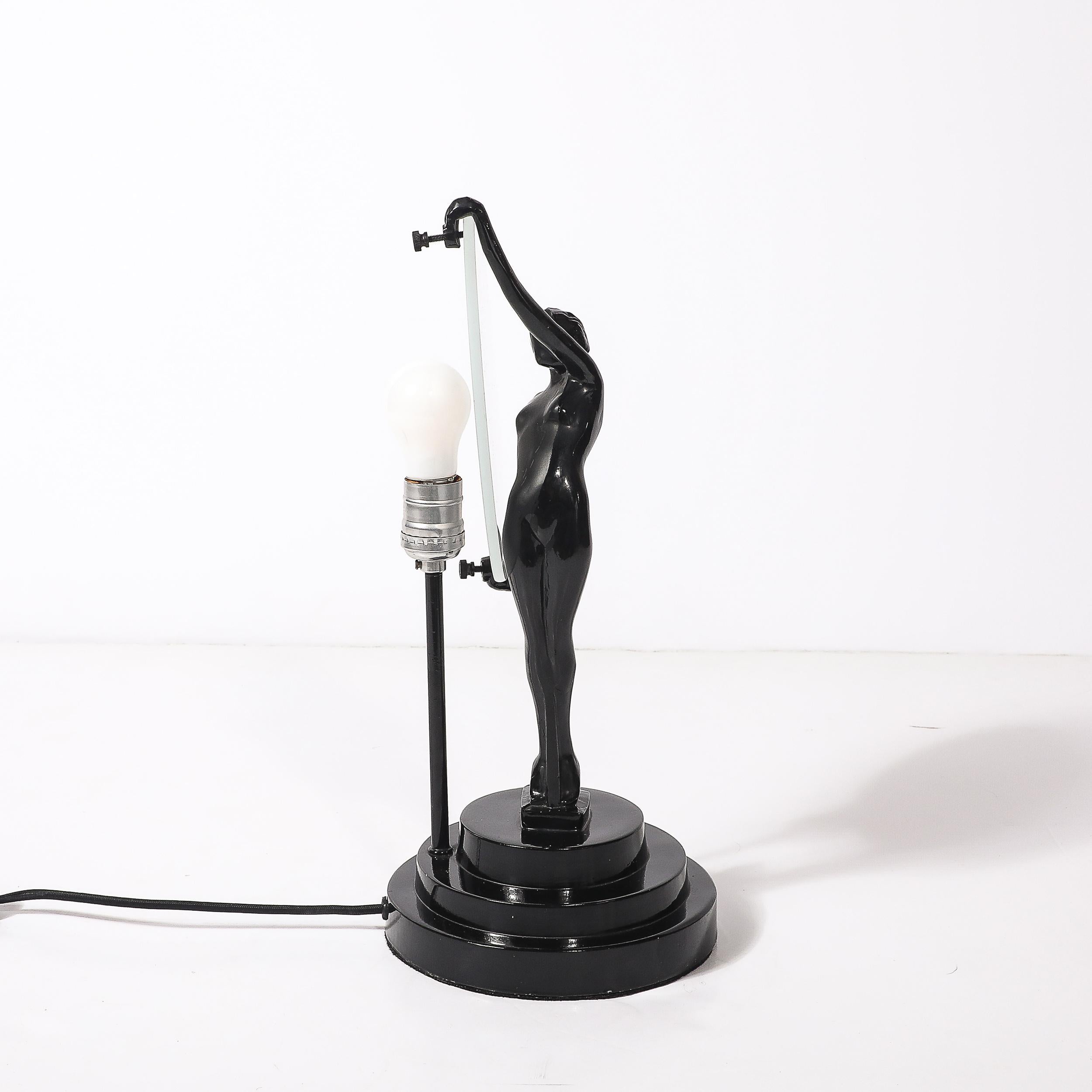 Art Deco Sculptural Nude Table Lamp in Black Enamel & Frosted Glass For Sale 4