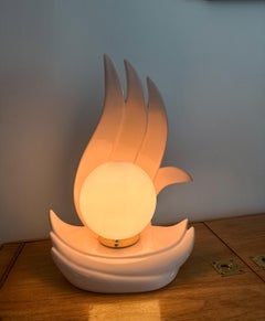 Art Deco Sculptural Pink Pastel Ceramic Flame Bird Table Lamp with Globe Shade