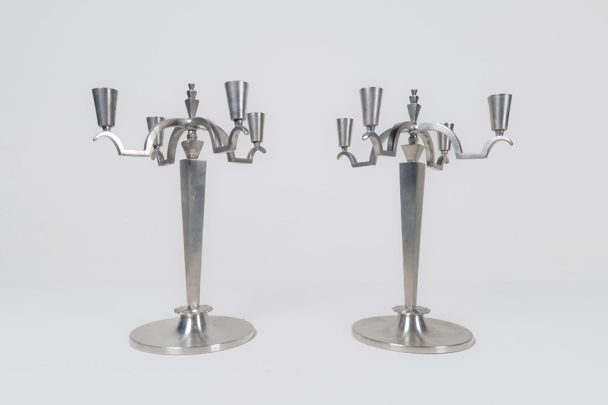 Art Deco Sculptural Set of Candelabras in Pewter, Sweden, 1940s For Sale 6