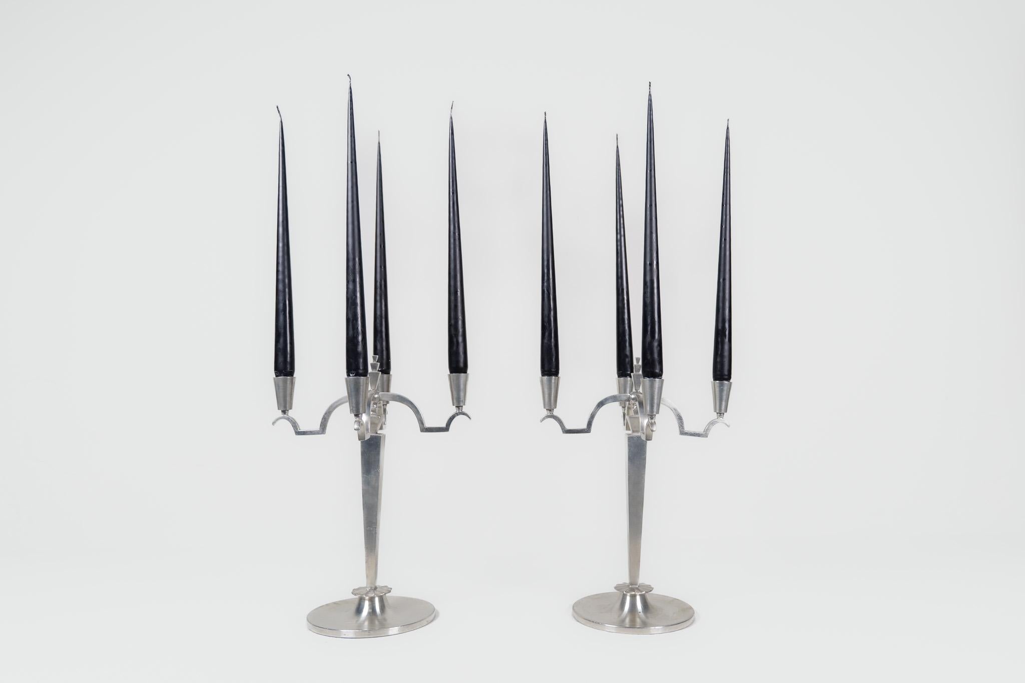 Swedish Art Deco Sculptural Set of Candelabras in Pewter, Sweden, 1940s For Sale