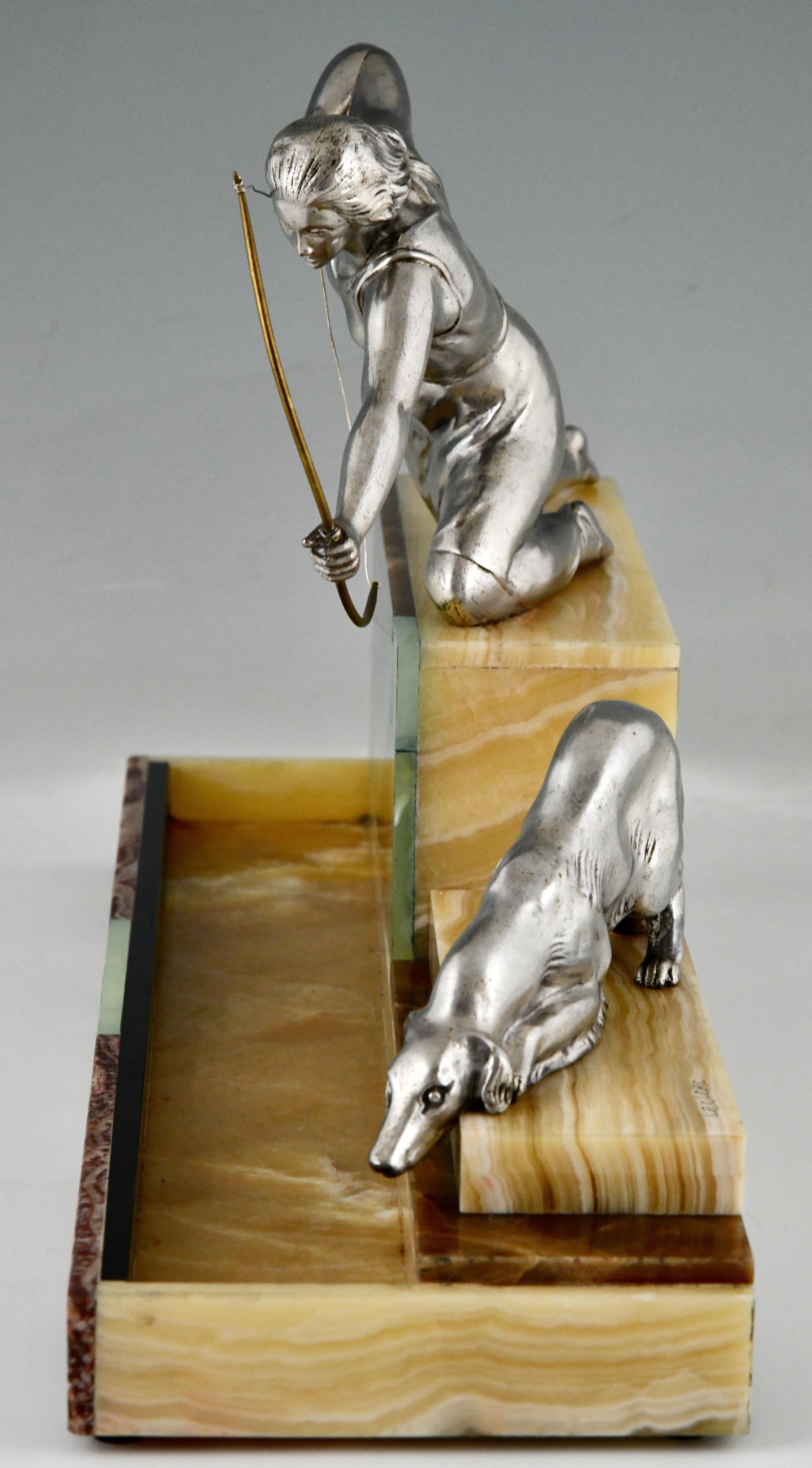 Metal Art Deco sculptural tray Diana the huntress by Leclerc, France 1930