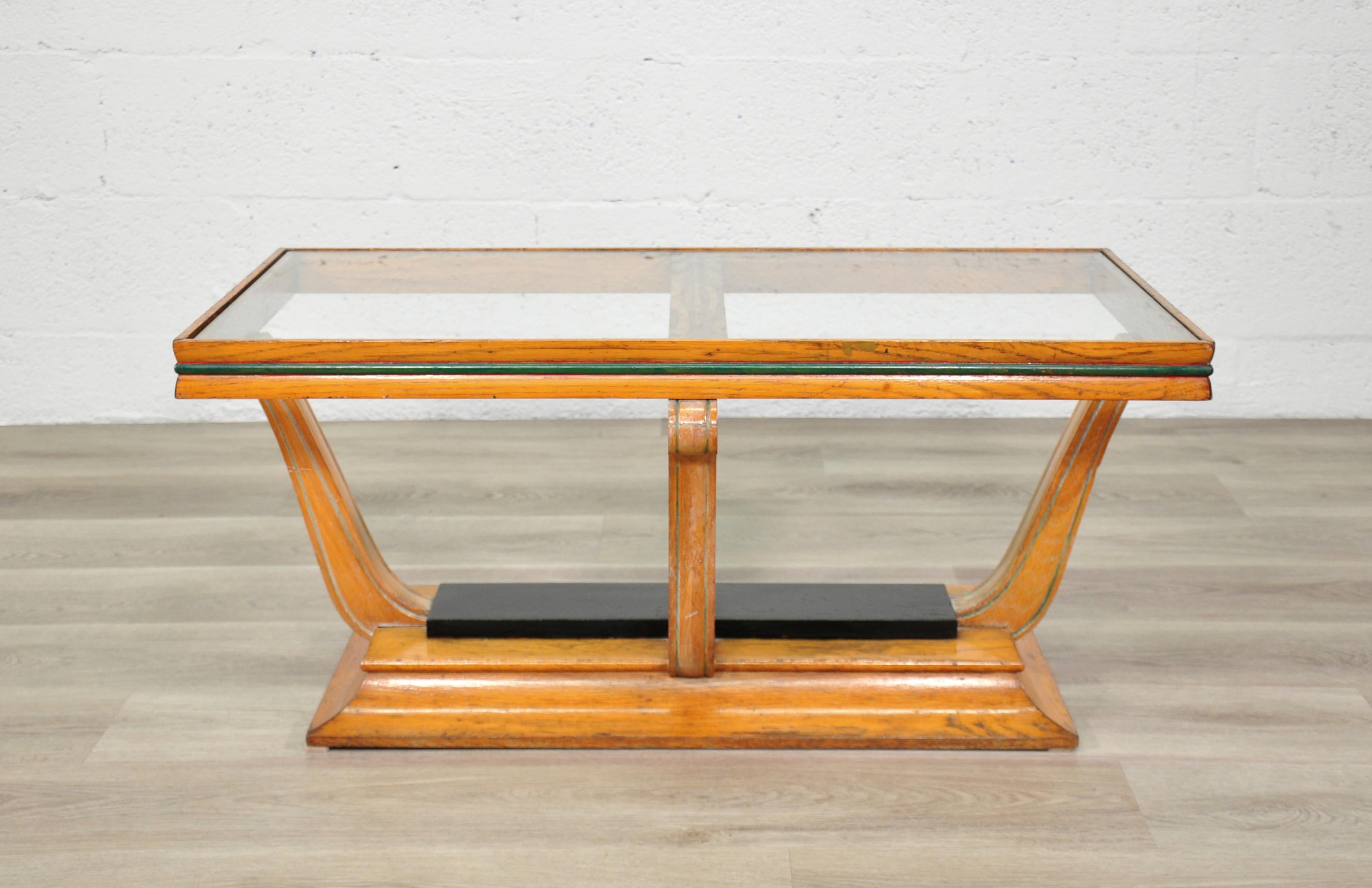 Milieu du XXe siècle Table basse sculpturale Art Déco en bois et verre en vente