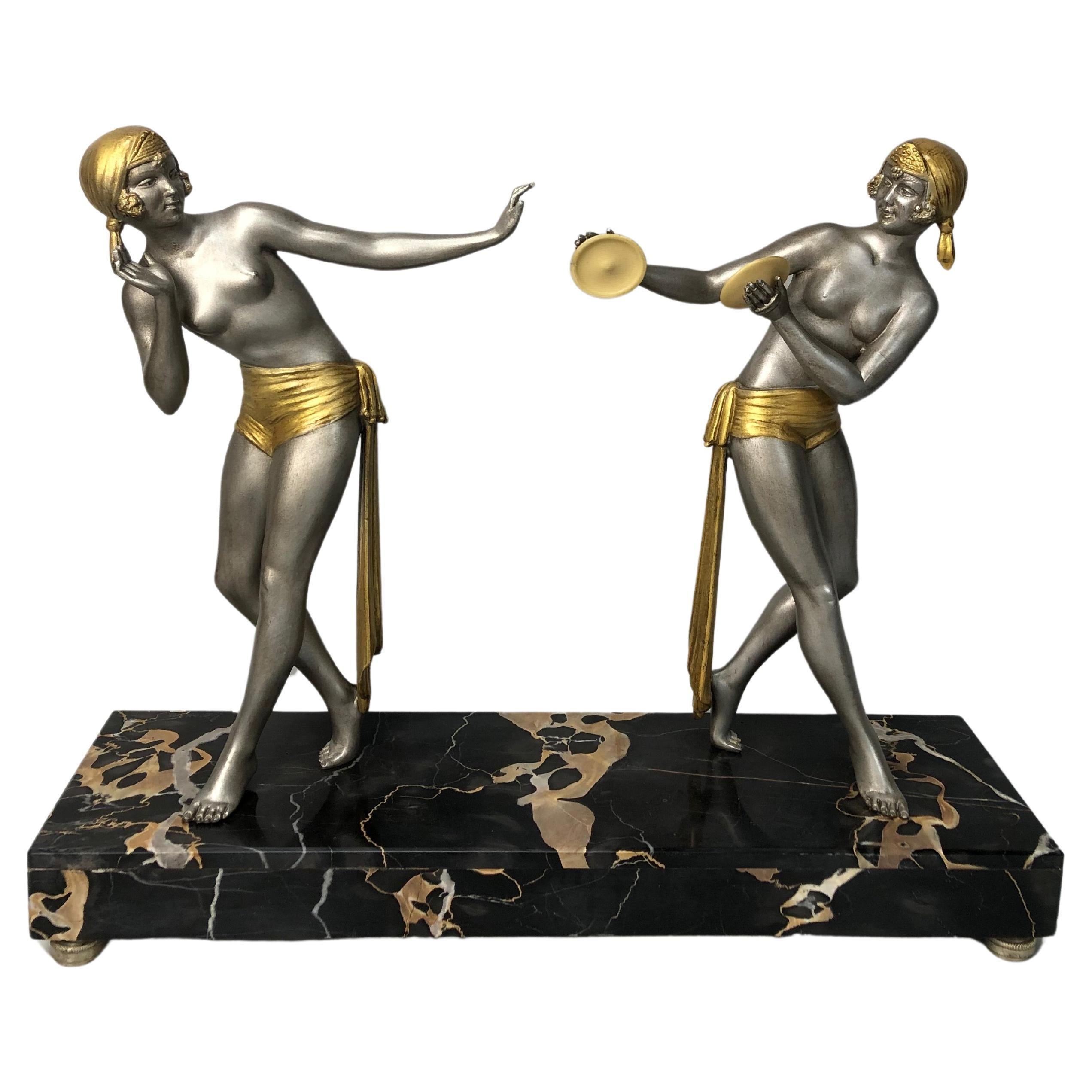 Art Deco sculpture 2 Dancers with Cymbals signed Limousin For Sale