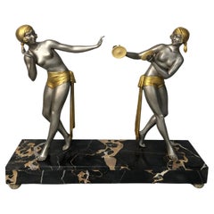 Art Deco sculpture 2 Dancers with Cymbals signed Limousin