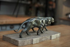 Art Deco Sculpture 2 Panthers on Marble Base, circa 1925