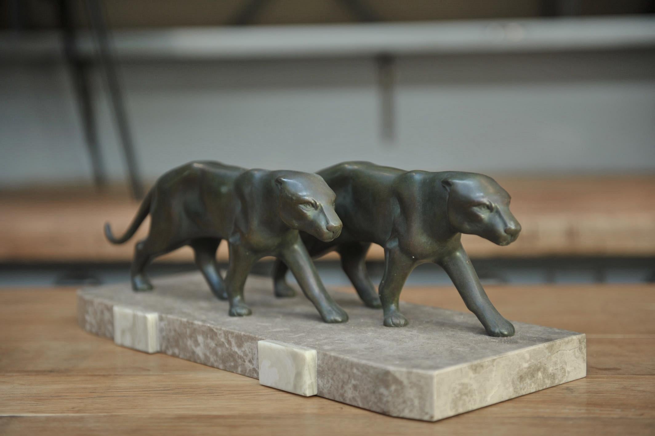 Art Deco Sculpture 2 Panthers on Marble Base, circa 1925 3