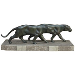 Art Deco Sculpture 2 Panthers on Marble Base, circa 1925