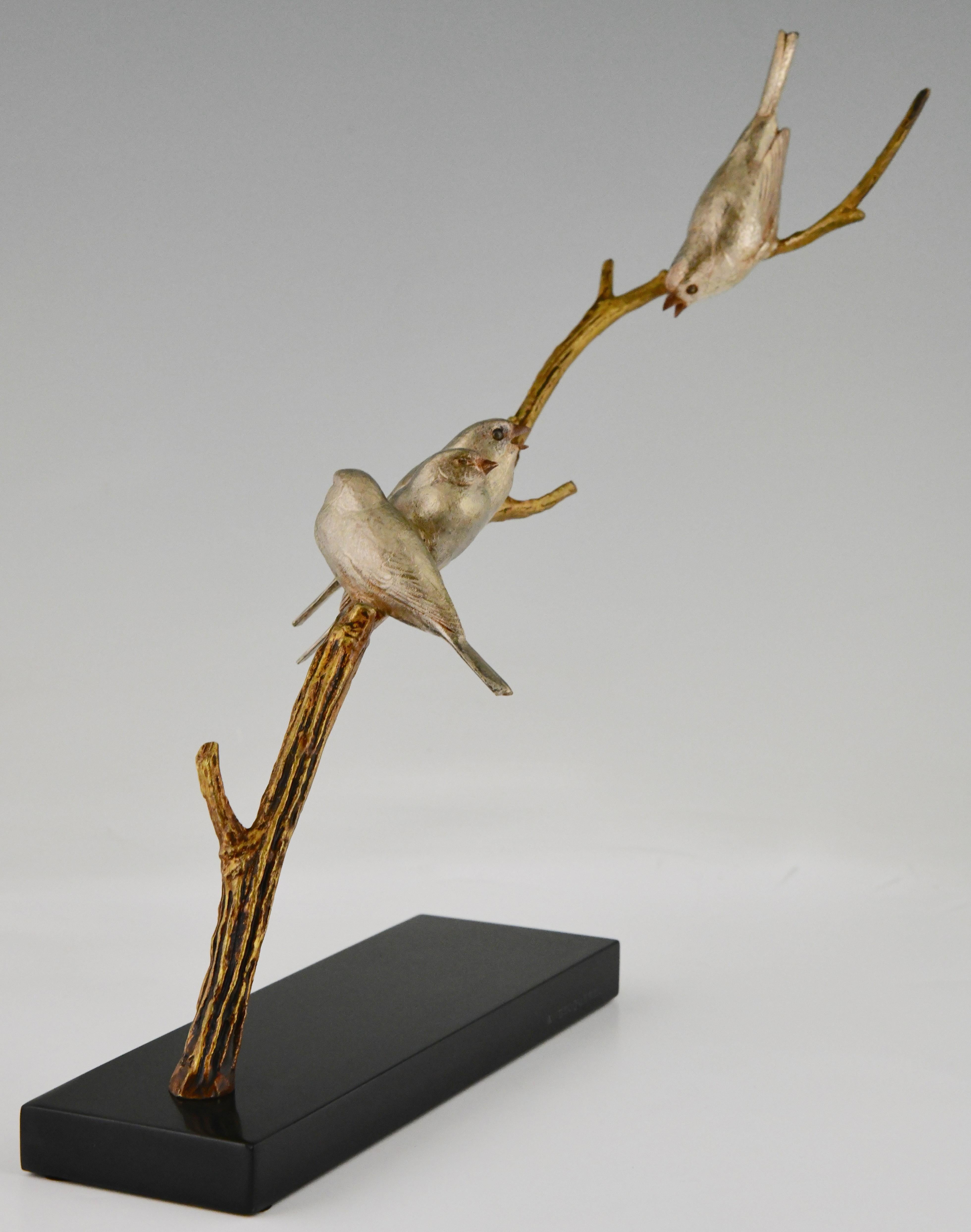 French Art Deco Sculpture 4 Birds on a Branch Signed by André Vincent Becquerel, 1930