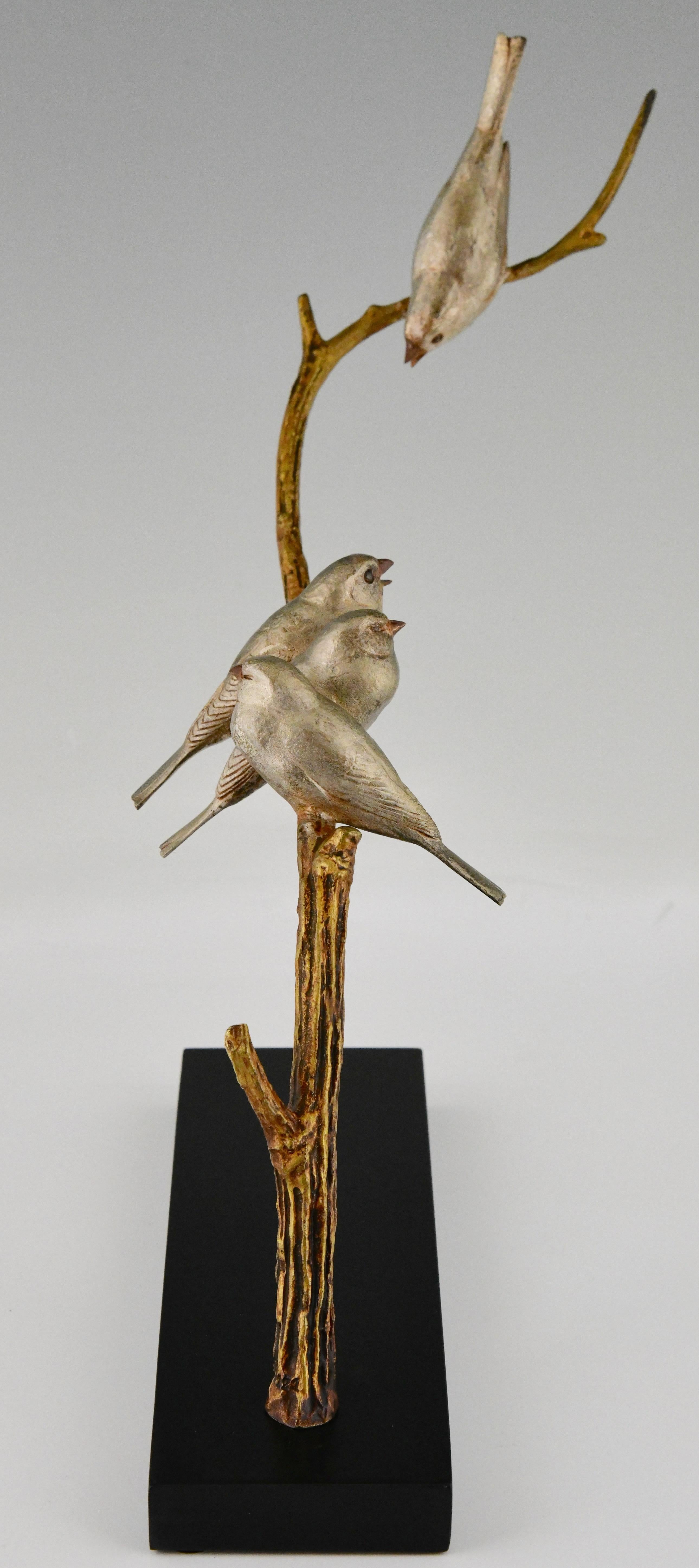 Patinated Art Deco Sculpture 4 Birds on a Branch Signed by André Vincent Becquerel, 1930