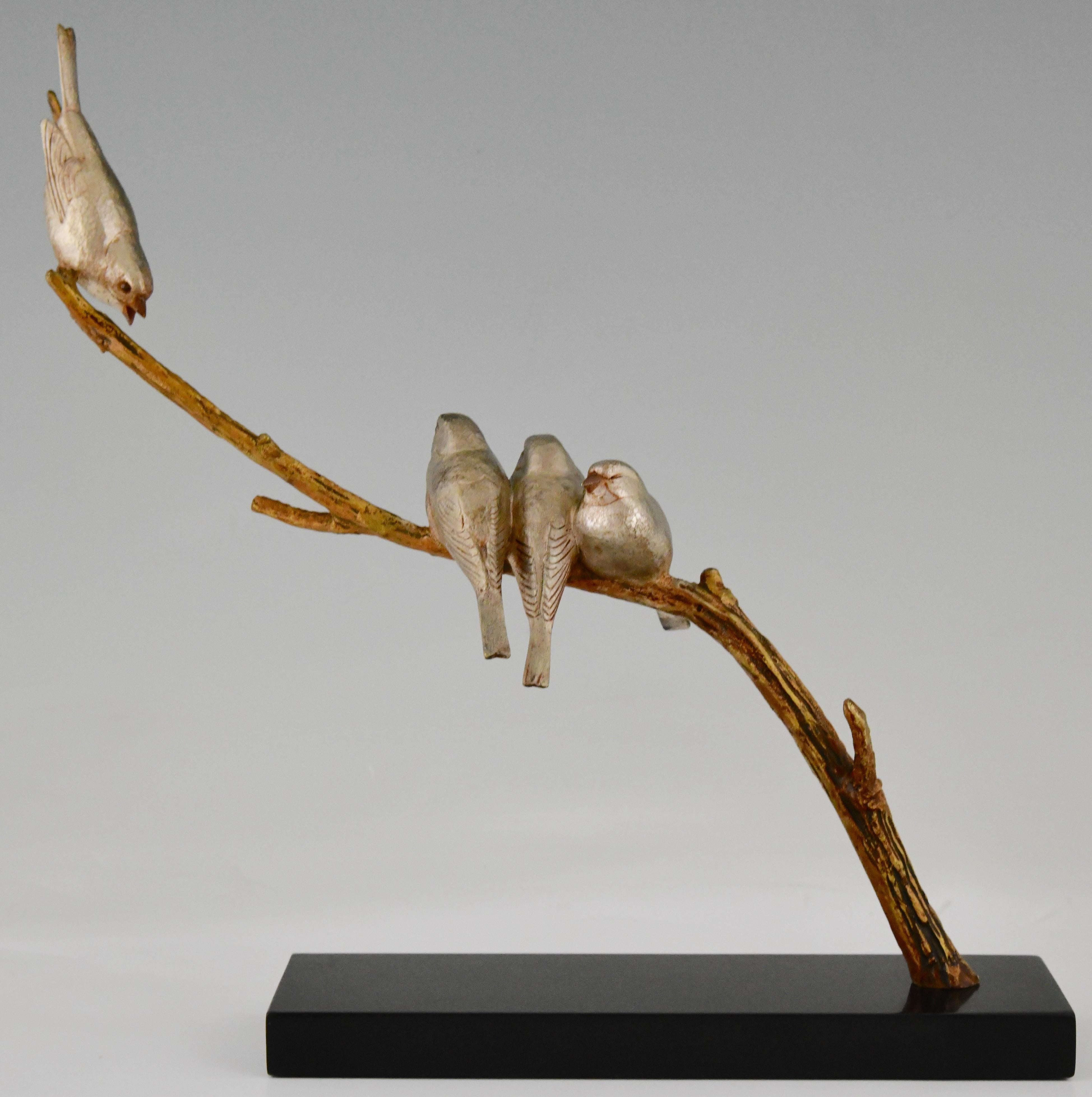 Mid-20th Century Art Deco Sculpture 4 Birds on a Branch Signed by André Vincent Becquerel, 1930
