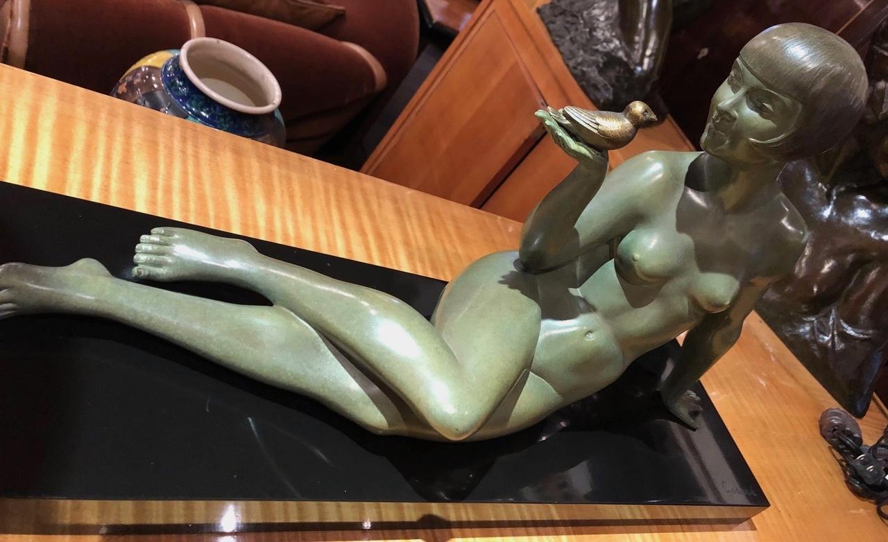 Art Deco sculpture by Armand Godard, produced by the Parisian foundry of Edmond Etling. This is an example of high style rendered in the highest quality. Nothing is more emblematic of the Art Deco Era than a sculpture of a sleek, nude female form