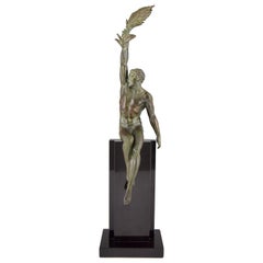Art Deco Sculpture Athlete with Palm Leaf Victory Pierre Le Faguays, France 1930