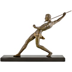 Scultura Art Deco di atleta con lancia giavellotto firmata da Limousin, 1930.