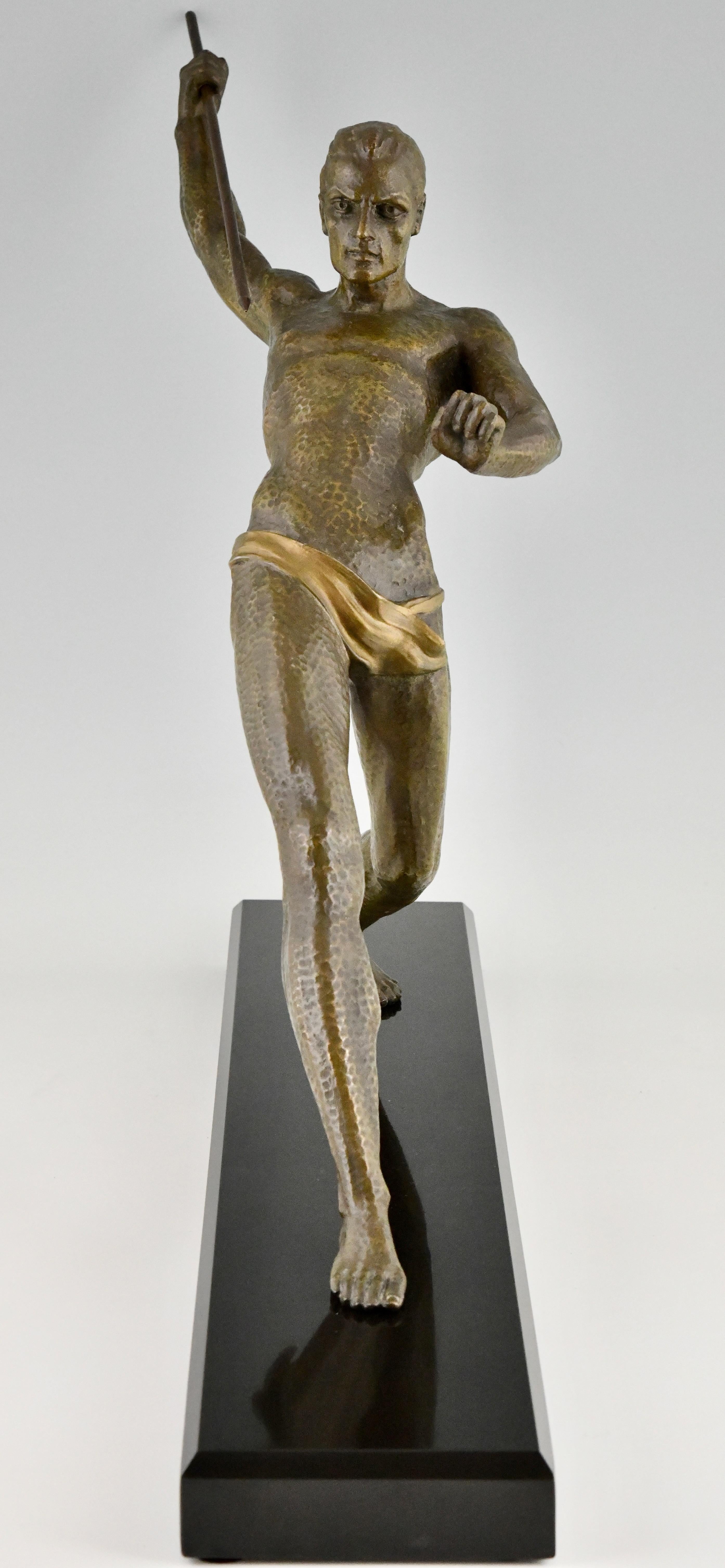 French Art Deco sculpture athlete with spear javelin thrower signed by Limousin, 1930. For Sale