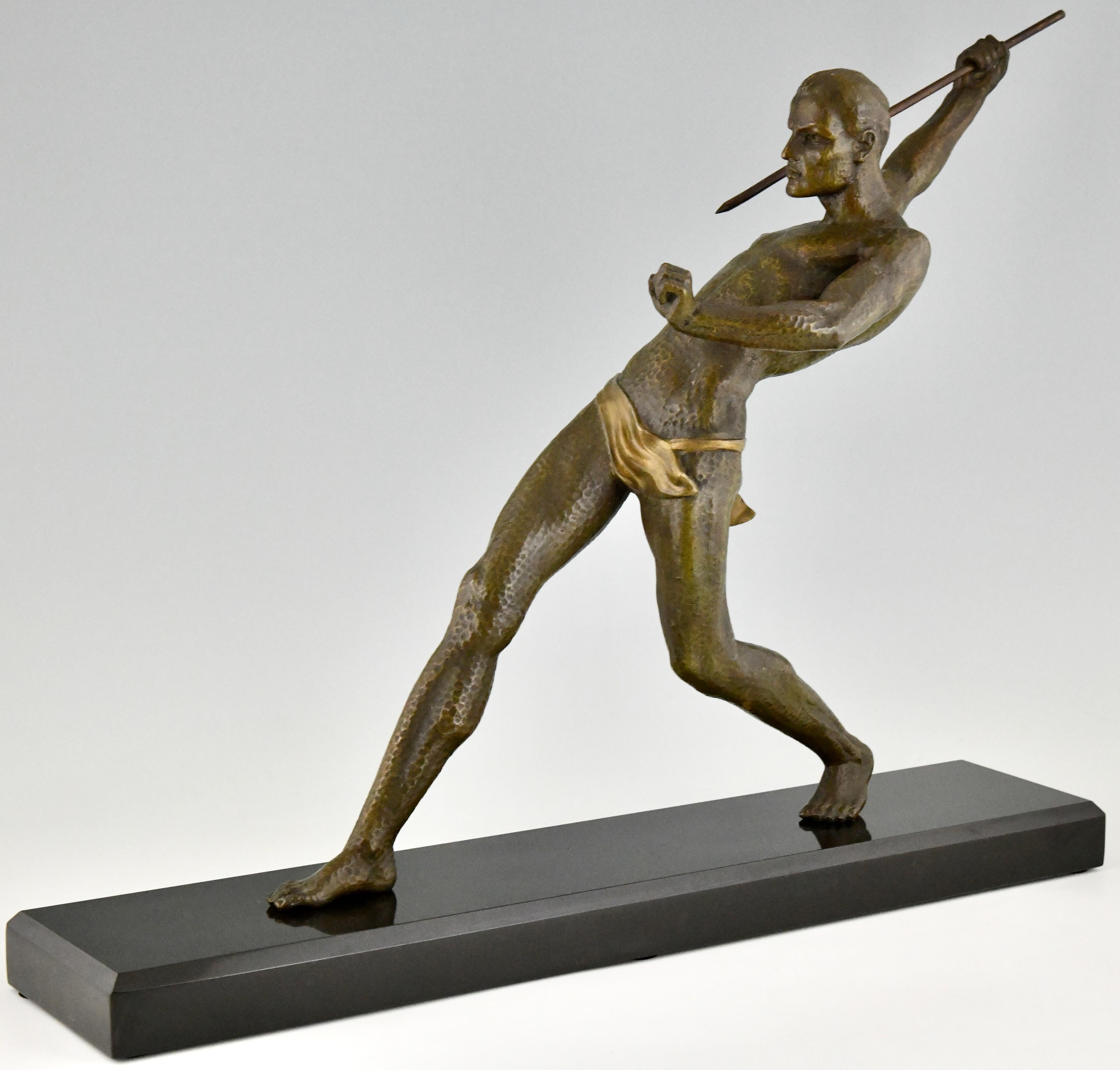 Patinated Art Deco sculpture athlete with spear javelin thrower signed by Limousin, 1930. For Sale
