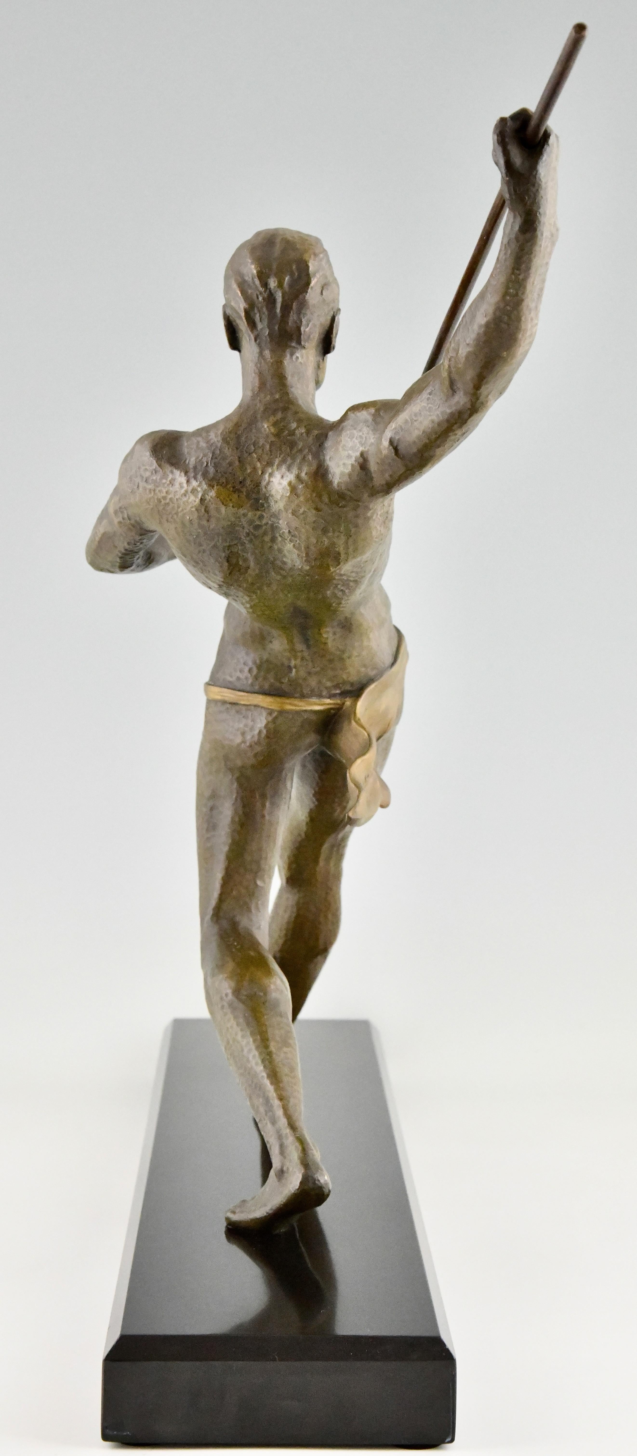 Metal Art Deco sculpture athlete with spear javelin thrower signed by Limousin, 1930. For Sale
