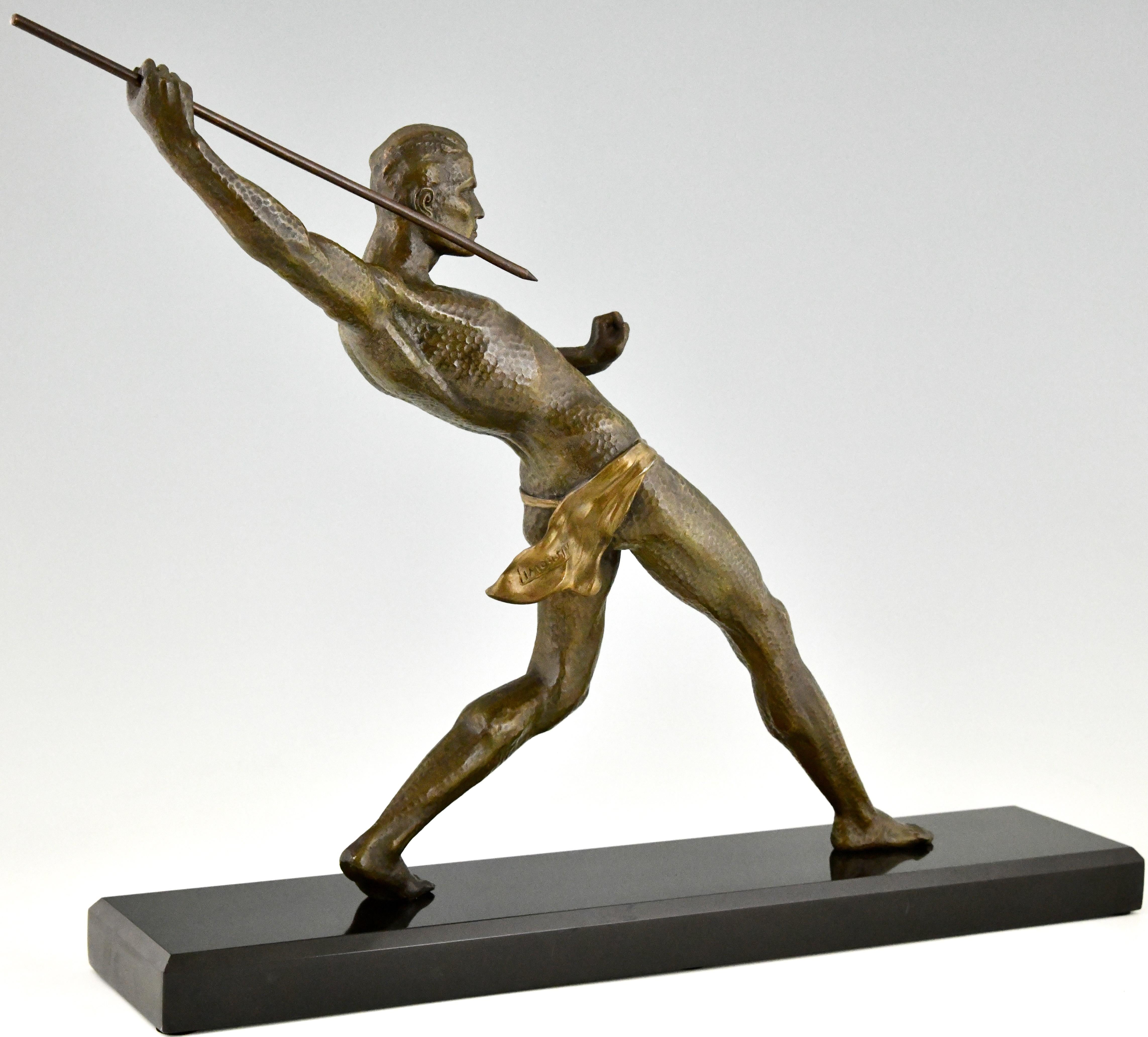Art Deco sculpture athlete with spear javelin thrower signed by Limousin, 1930. For Sale 1