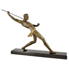 Art Deco sculpture athlete with spear javelin thrower signed by Limousin, 1930.
