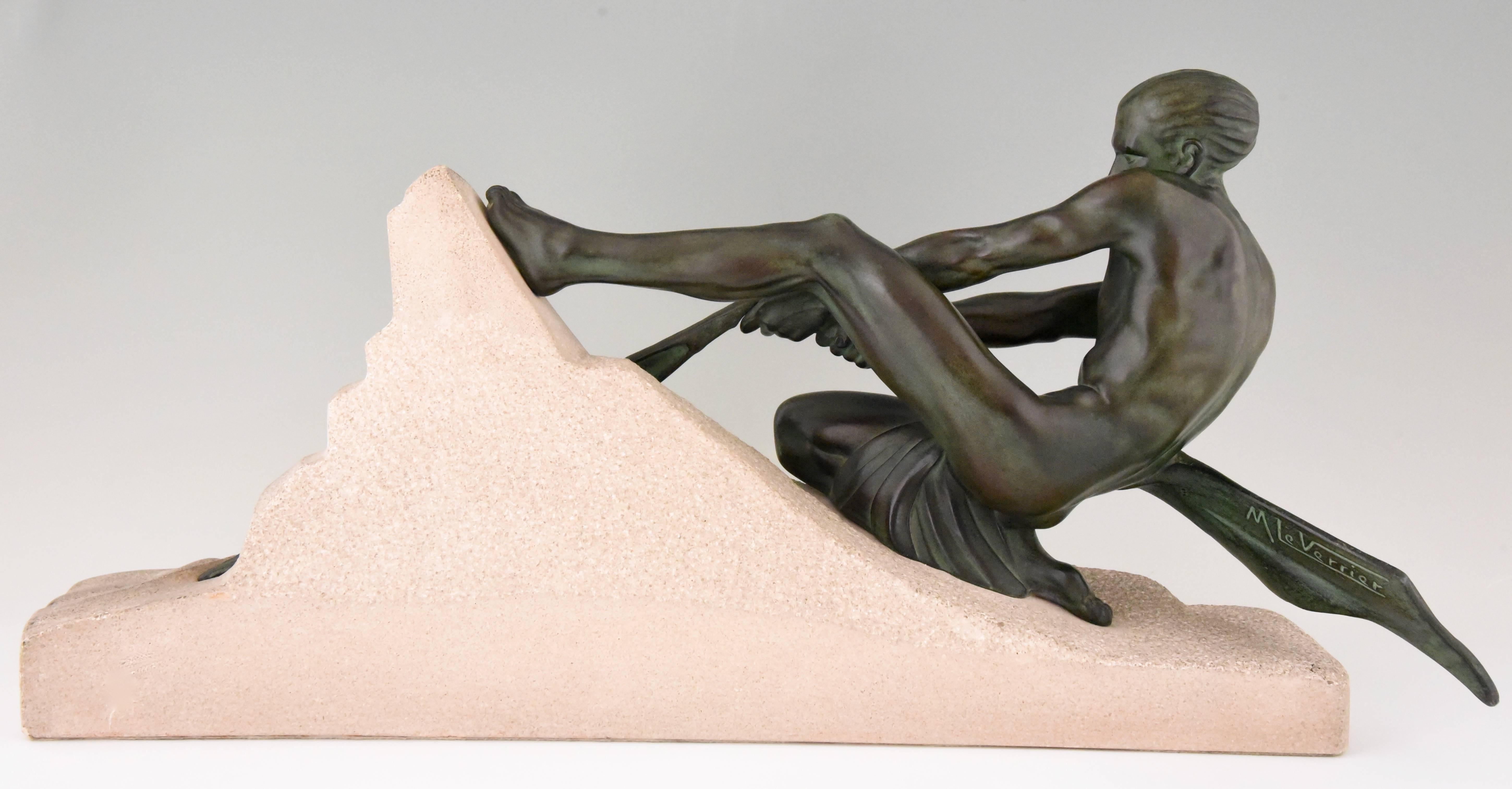 Art Deco Sculpture Athletic Male Nude Fisherman Max Le Verrier France 1930 In Good Condition In Antwerp, BE
