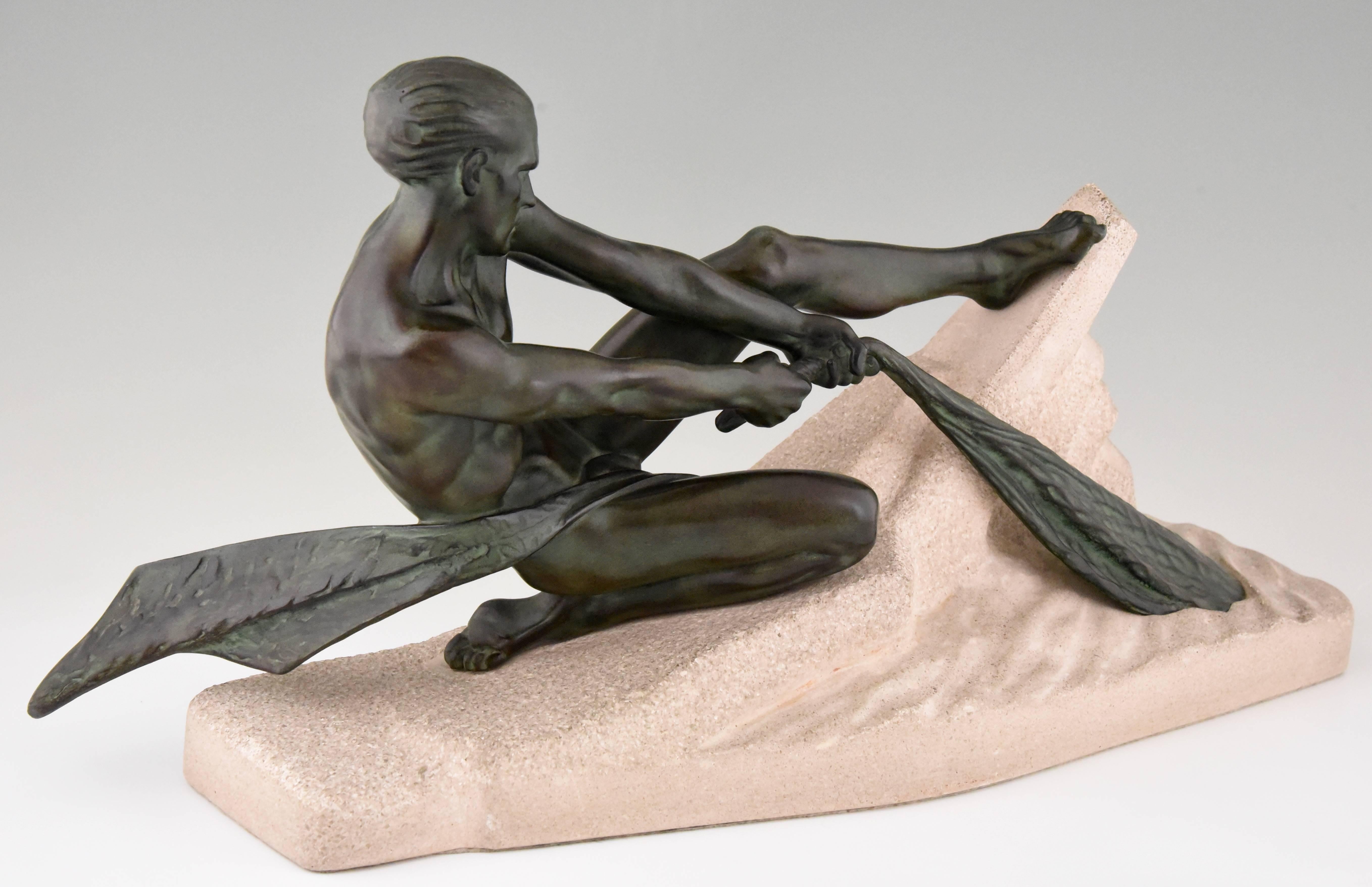 Stone Art Deco Sculpture Athletic Male Nude Fisherman Max Le Verrier France 1930