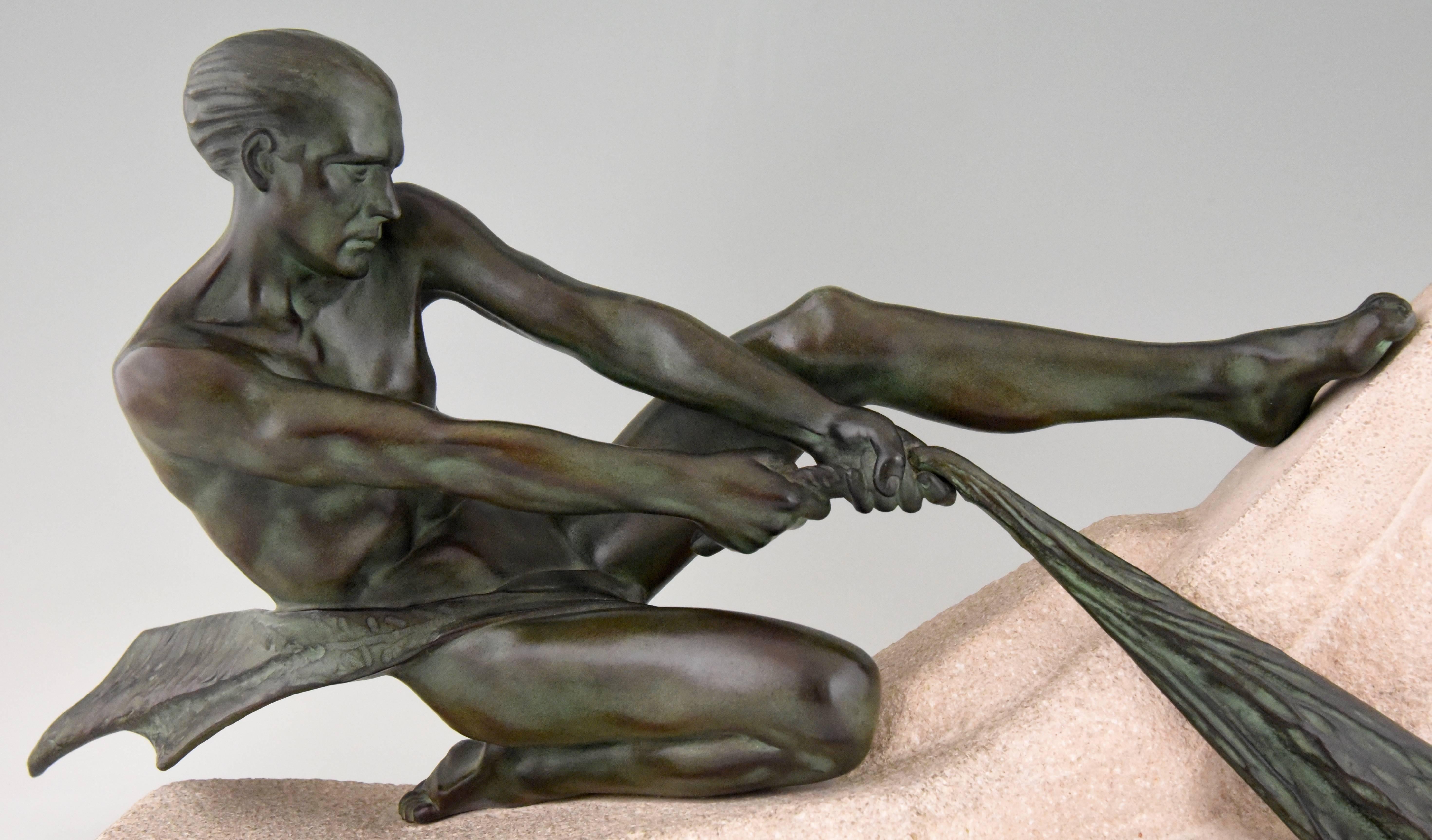 Art Deco Sculpture Athletic Male Nude Fisherman Max Le Verrier France 1930 1