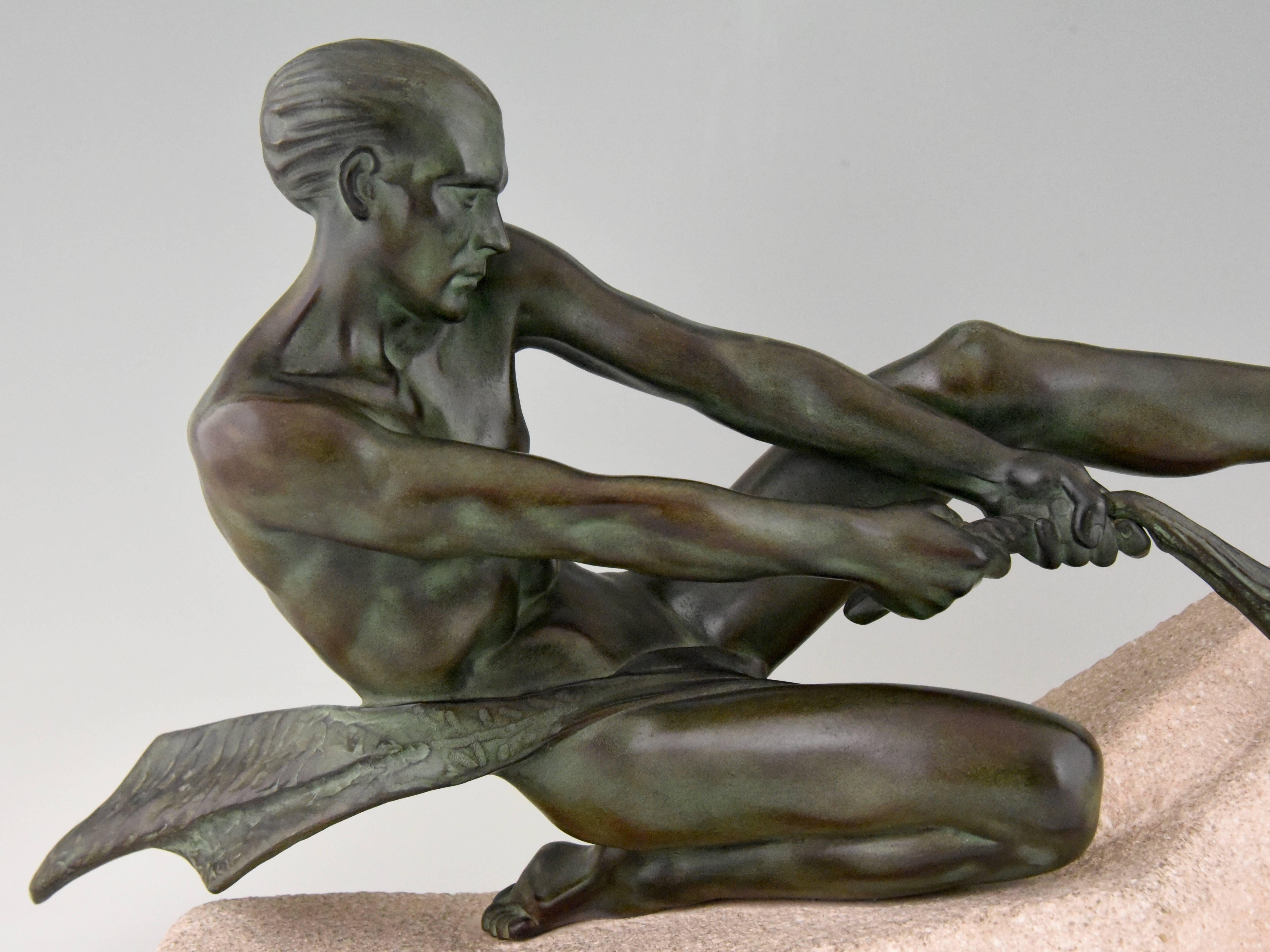 Art Deco Sculpture Athletic Male Nude Fisherman Max Le Verrier France 1930 2