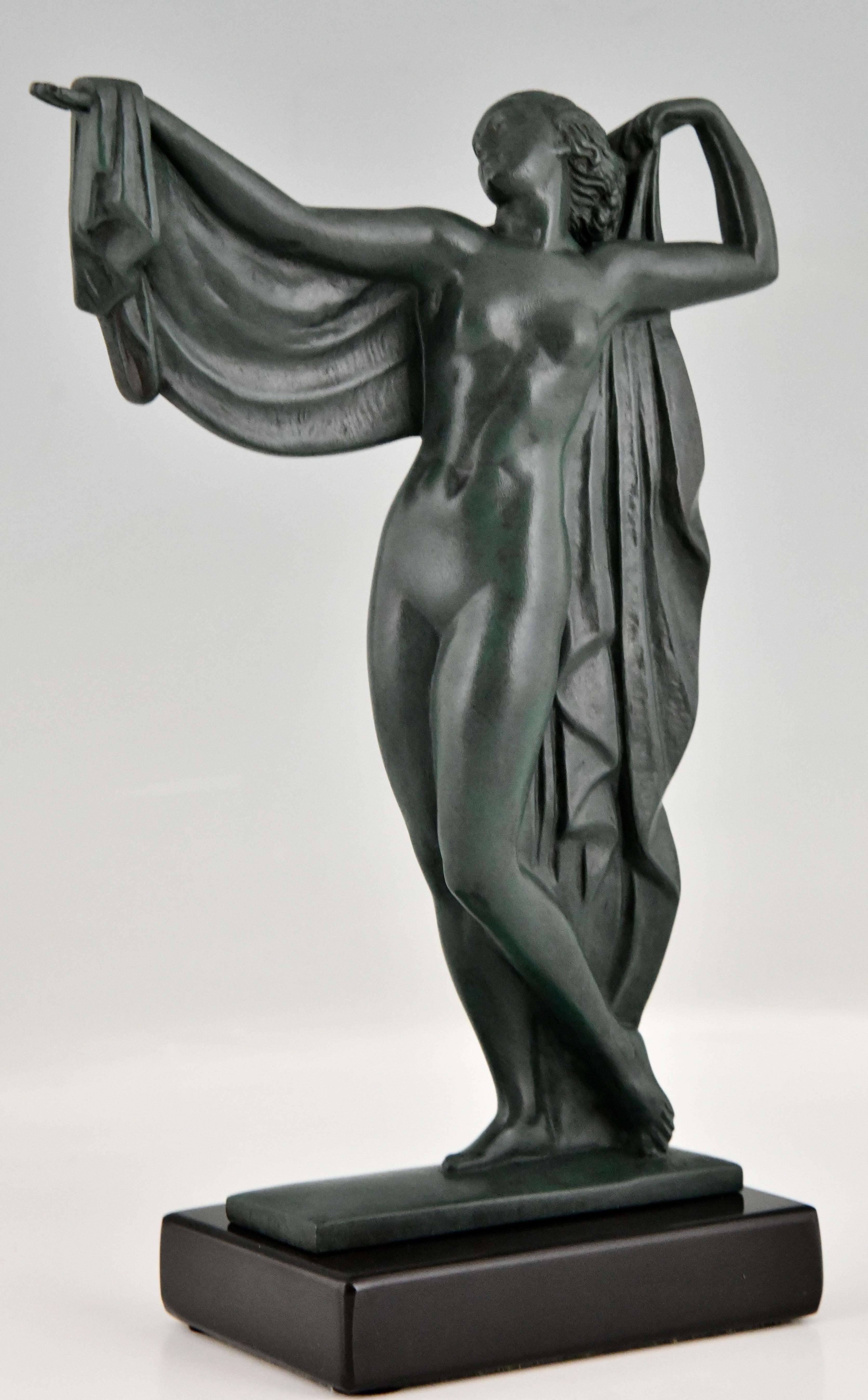Art Deco sculpture bathing nude Venus by Fayral pseudonym of Pierre Le Faguays, cast by the Le Verrier foundry.
Art Metal with green patina on a Belgian black marble plinth. 
France circa 1930.
This model is illustrated in the Max Le Verrier