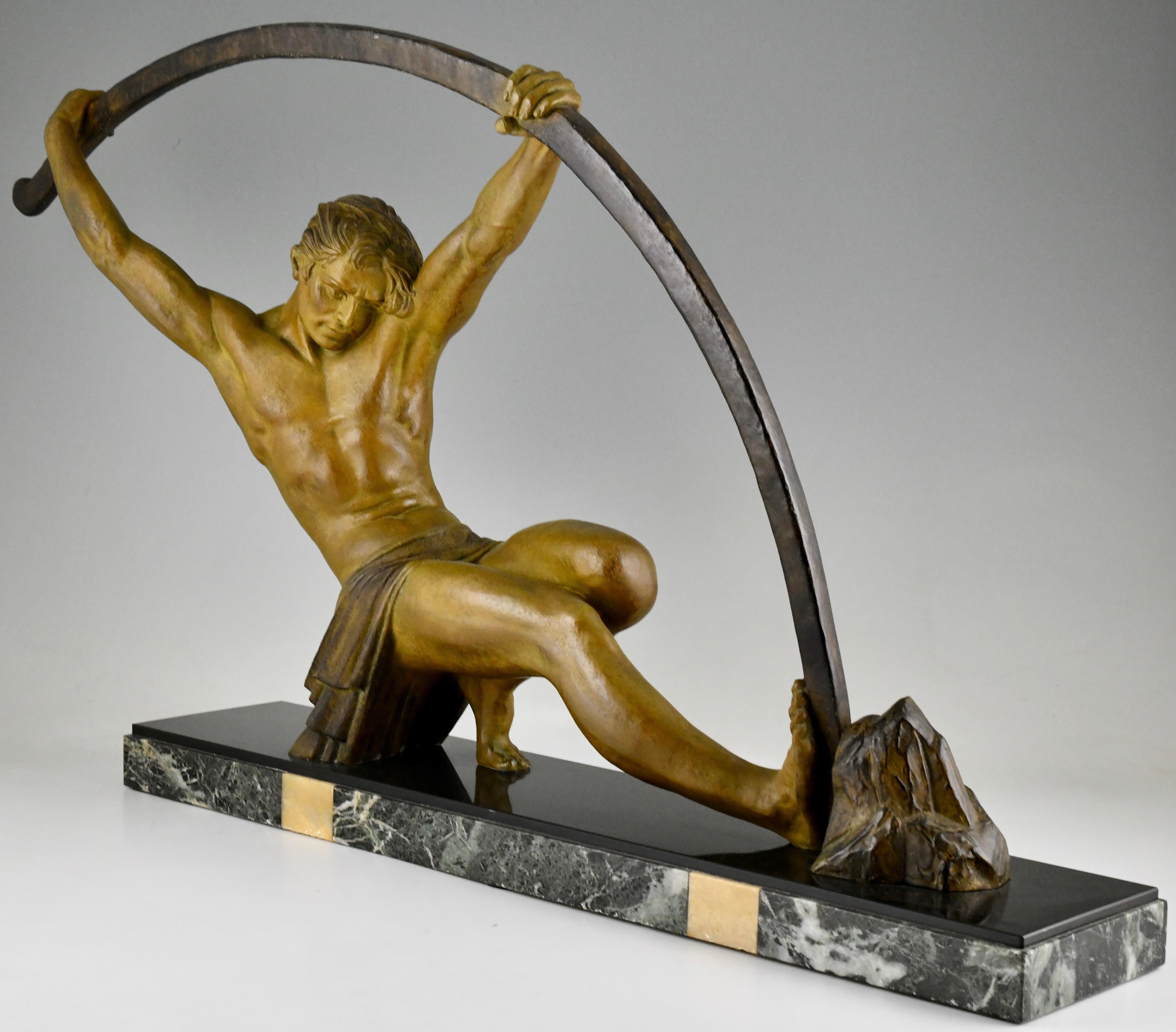 French Art Deco Sculpture Bending Bar Man L'age Du Bronze Demetre H. Chiparus, 1930
