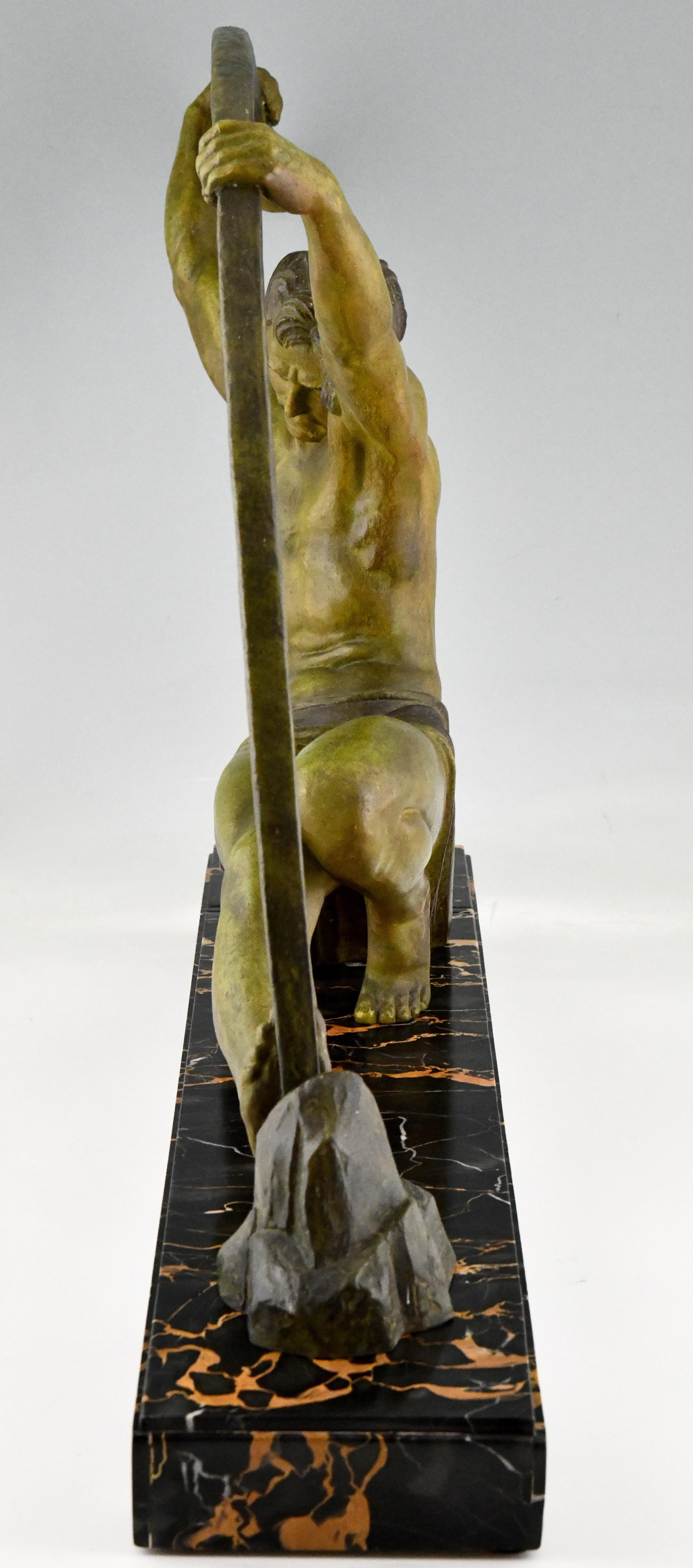 Patinated Art Deco Sculpture Bending Bar Man L'age Du Bronze Demetre H. Chiparus, 1930