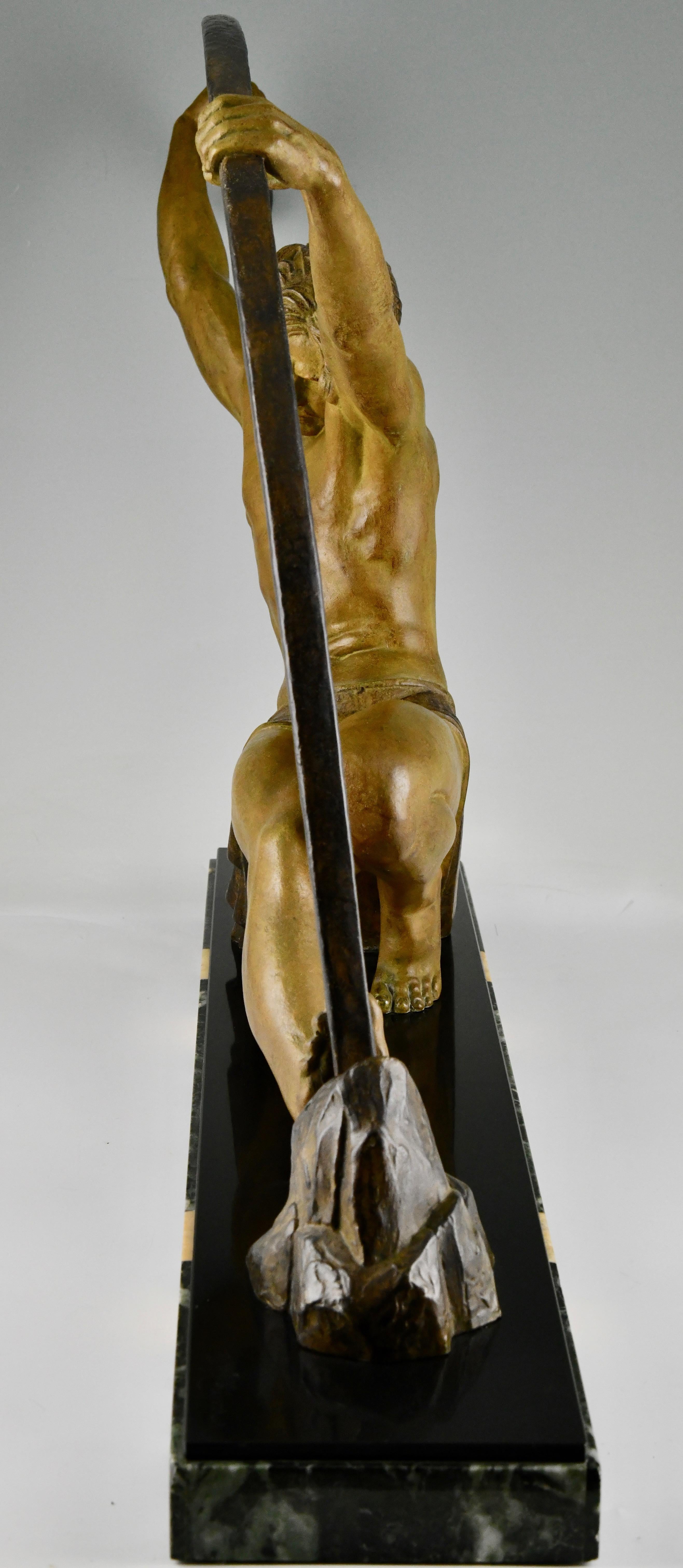 Patinated Art Deco Sculpture Bending Bar Man L'age Du Bronze Demetre H. Chiparus, 1930