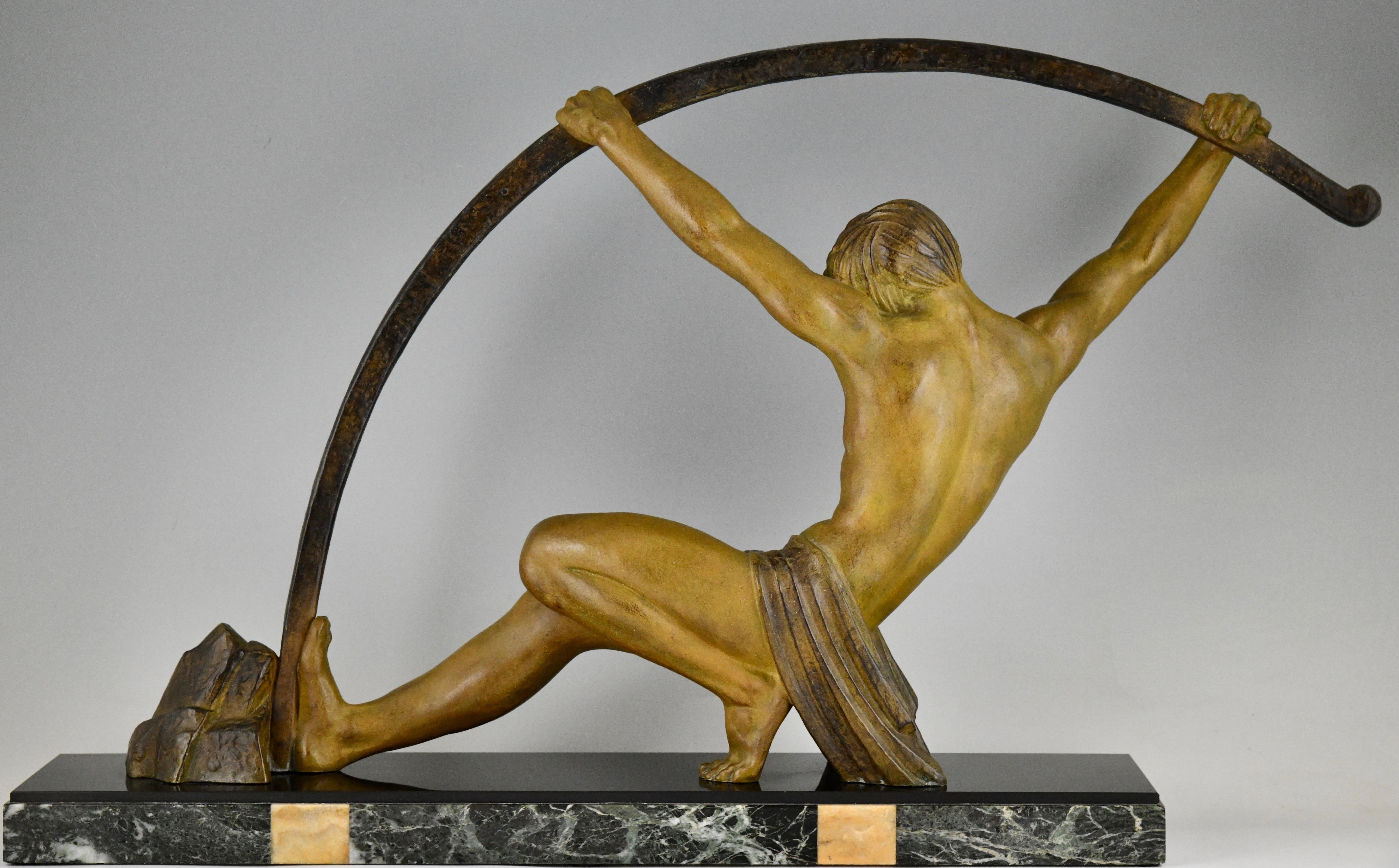 Mid-20th Century Art Deco Sculpture Bending Bar Man L'age Du Bronze Demetre H. Chiparus, 1930