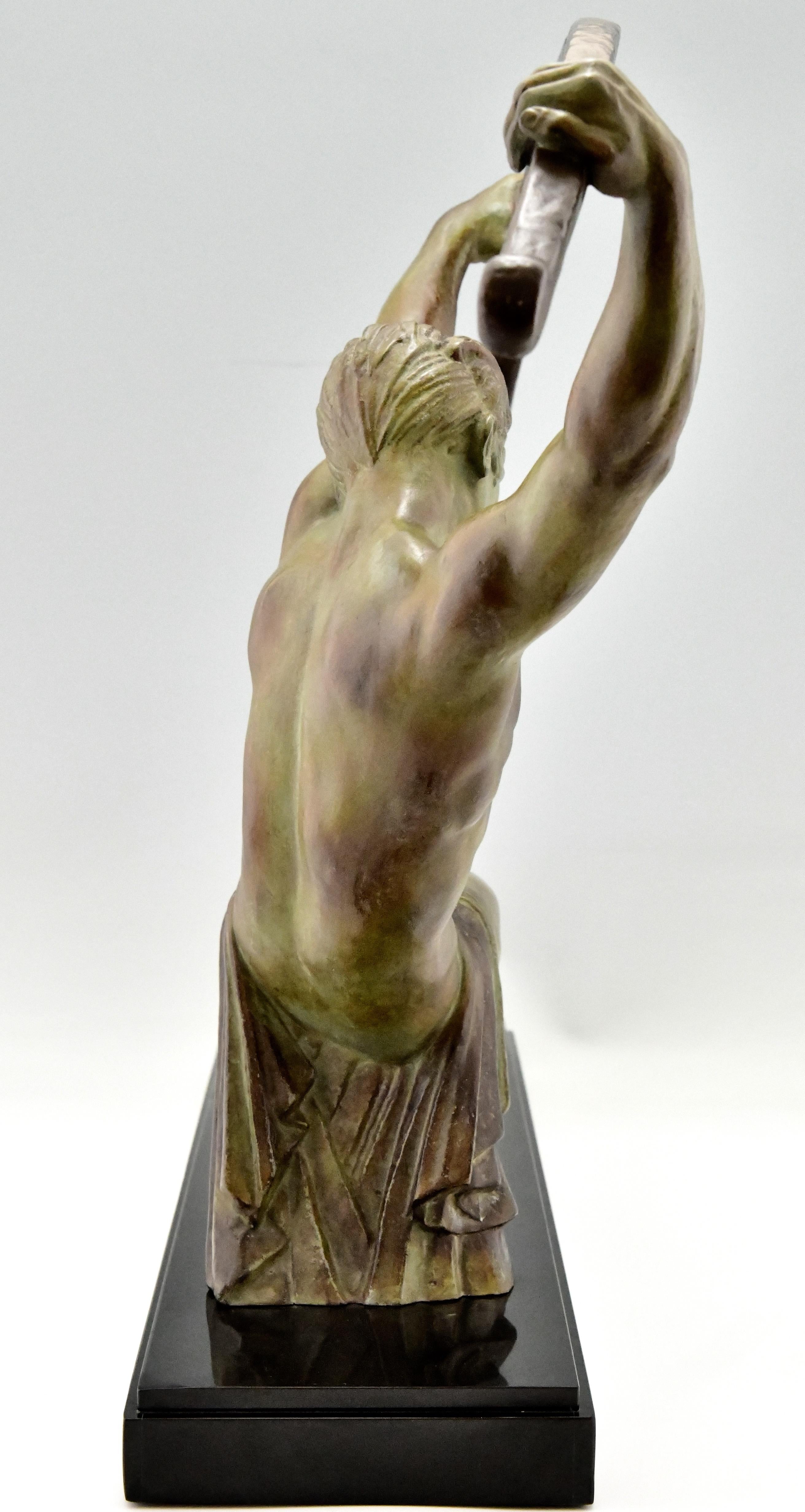 Belgian Black Marble Art Deco Sculpture Bending Bar Man L'age Du Bronze Demetre H. Chiparus, 1930